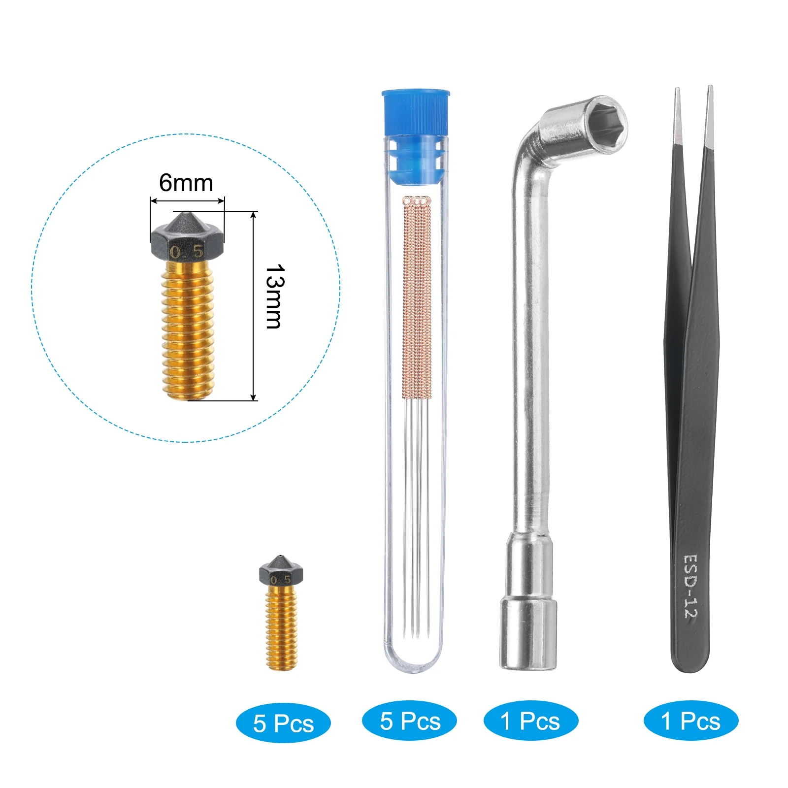 Uxcell 3D Nozzles Kit, 5pcs 3D Printer Brass CR Nozzles 0.5mm, 5pcs Cleaning Needles - Image 3
