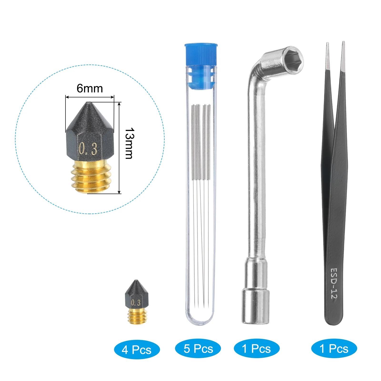 Uxcell 3D Nozzles Kit, 4pcs 3D Printer MK8 Brass Nozzles 0.3mm, Cleaning Needles - Image 3