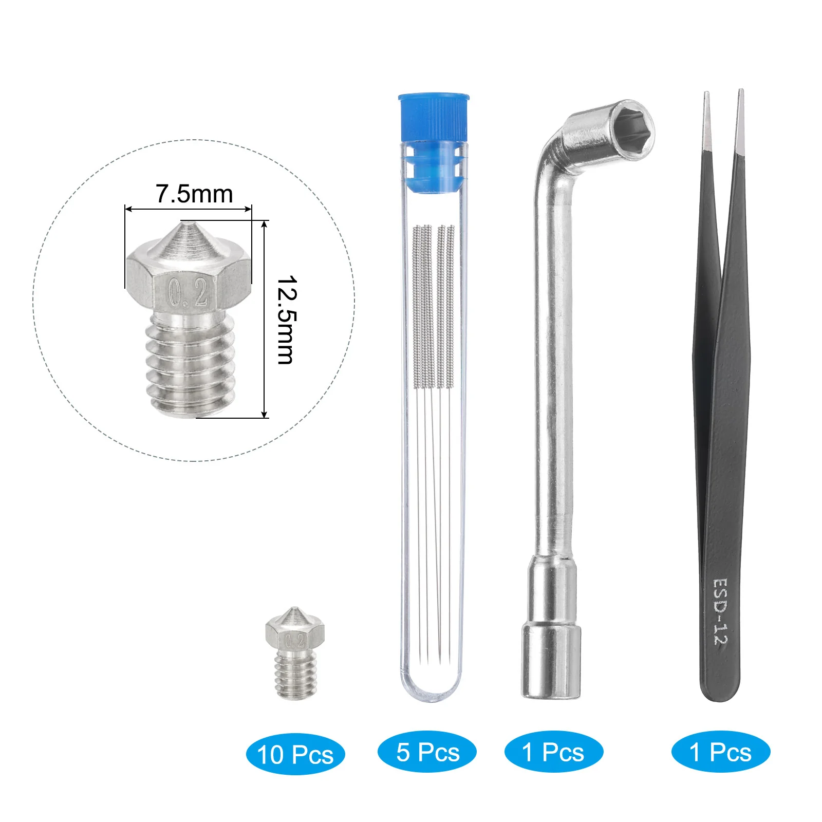 Uxcell 3D Nozzles Kit, 10pcs 3D Printer Stainless Steel Nozzles 0.2mm, Cleaning Needles - Image 3