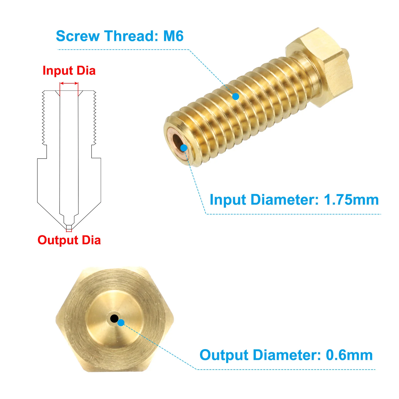 Uxcell 3D Nozzles Kit, 5pcs Brass High Speed Nozzles 0.6mm Nozzle Cleaning Needles - Image 2