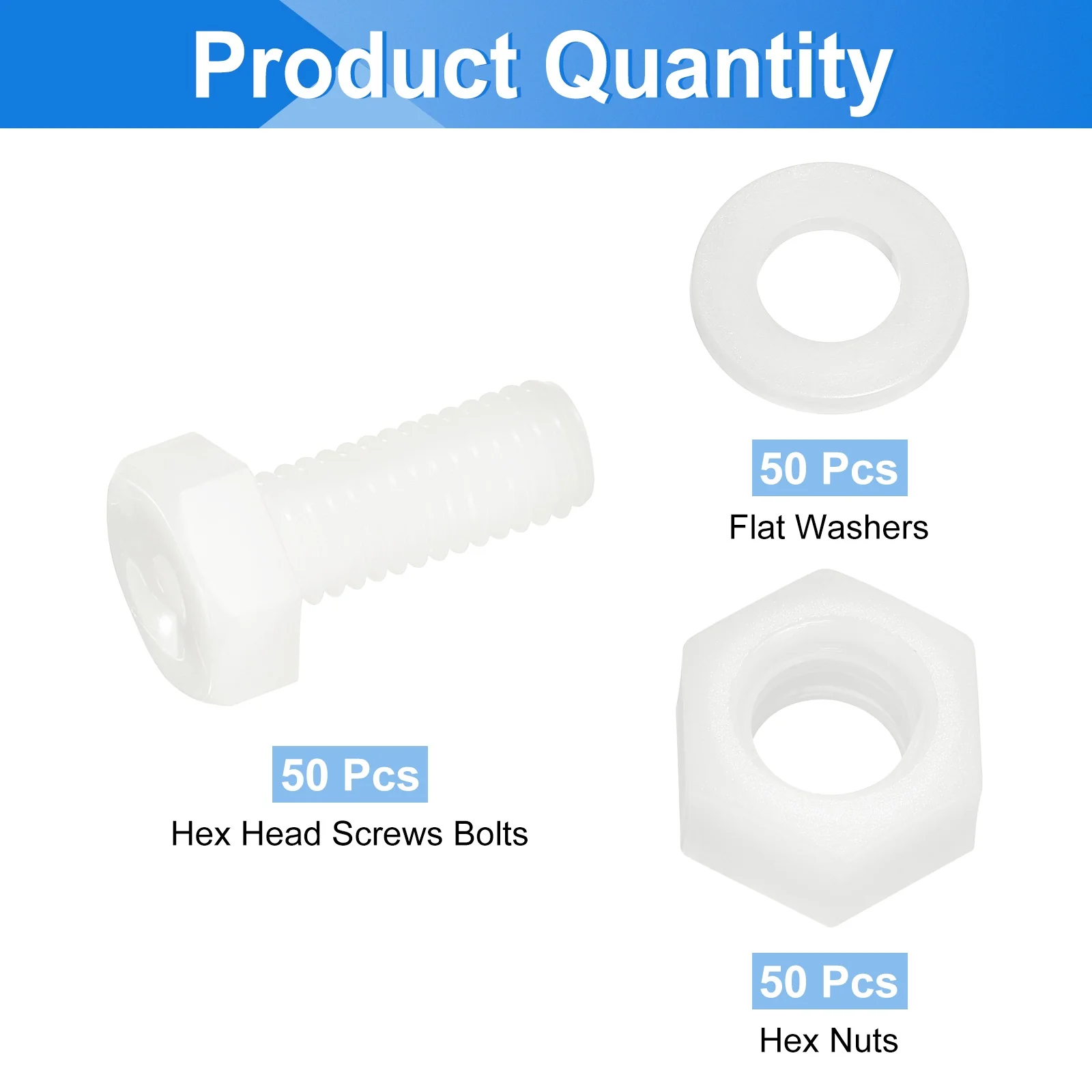 Uxcell 150 Pcs/50 Sets M8 x 20mm Nylon Hex Bolts and Nuts with Flat Washers, White - Image 3