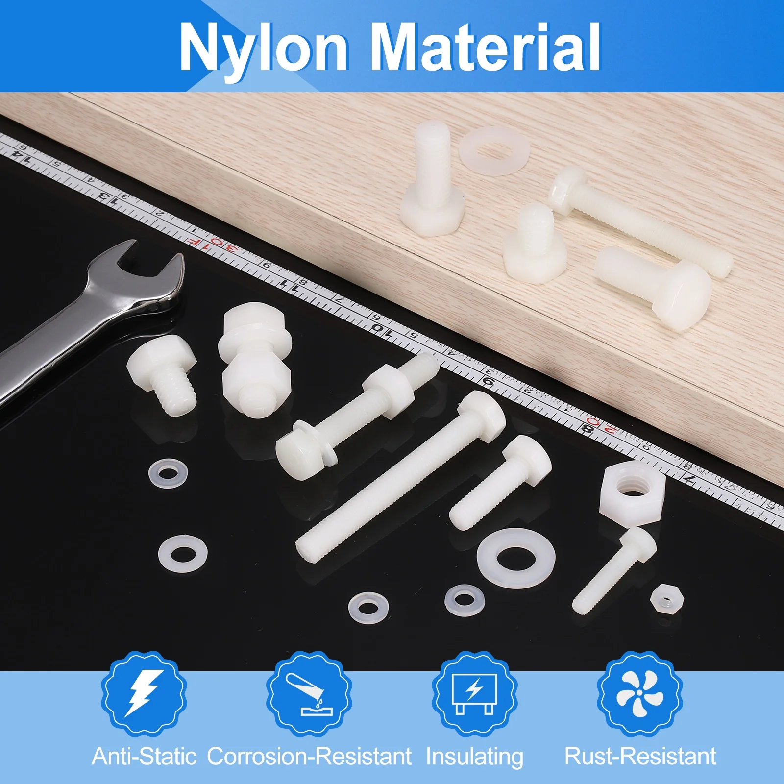 Uxcell 150 Pcs/50 Sets M5 x 10mm Nylon Hex Bolts and Nuts with Flat Washers, White - Image 5
