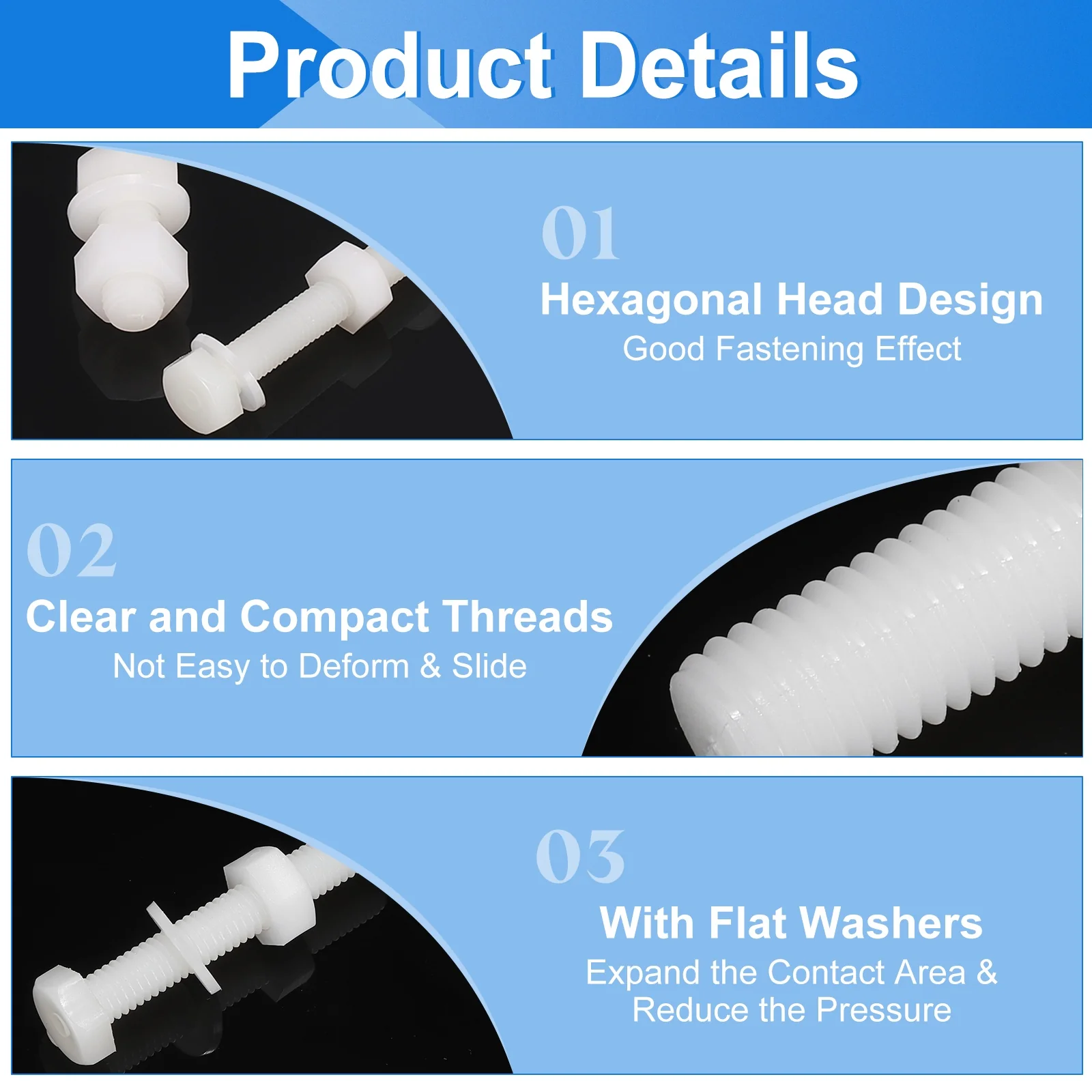 Uxcell 150 Pcs/50 Sets M3 x 6mm Nylon Hex Bolts and Nuts with Flat Washers, White - Image 4