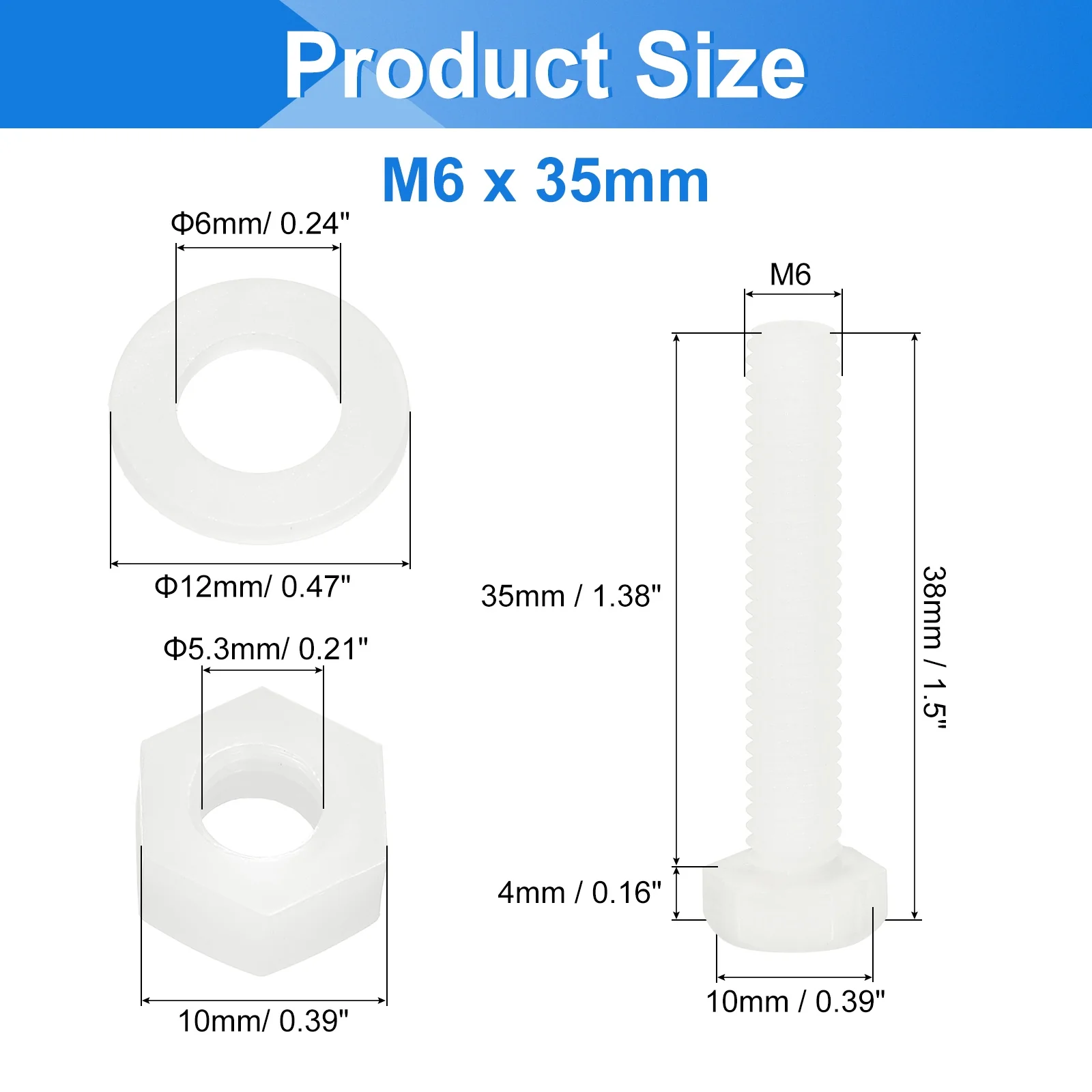 Uxcell 300 Pcs/100 Sets M6 x 35mm Nylon Hex Bolts and Nuts with Flat Washers, White - Image 2