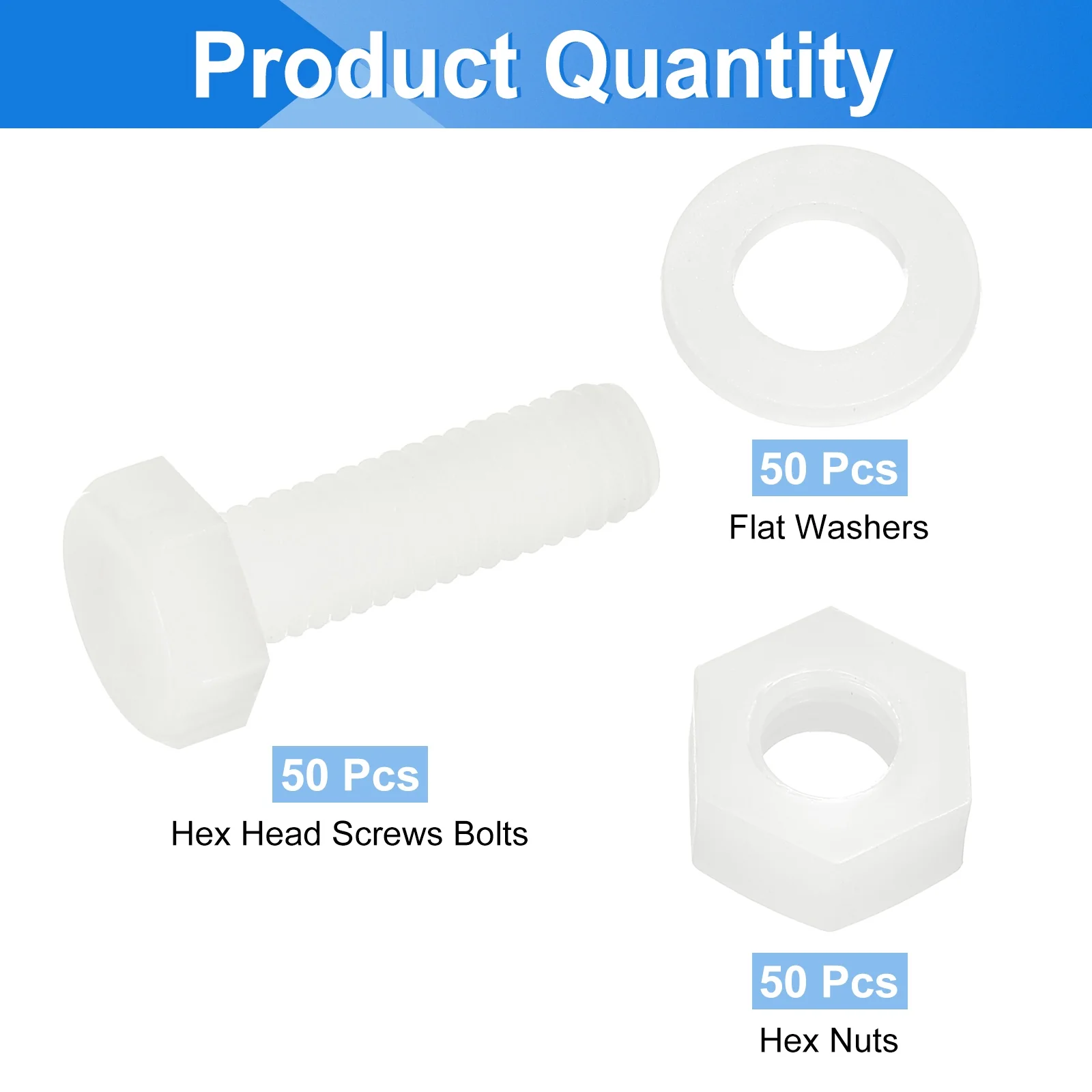 Uxcell 150 Pcs/50 Sets M6 x 20mm Nylon Hex Bolts and Nuts with Flat Washers, White - Image 3