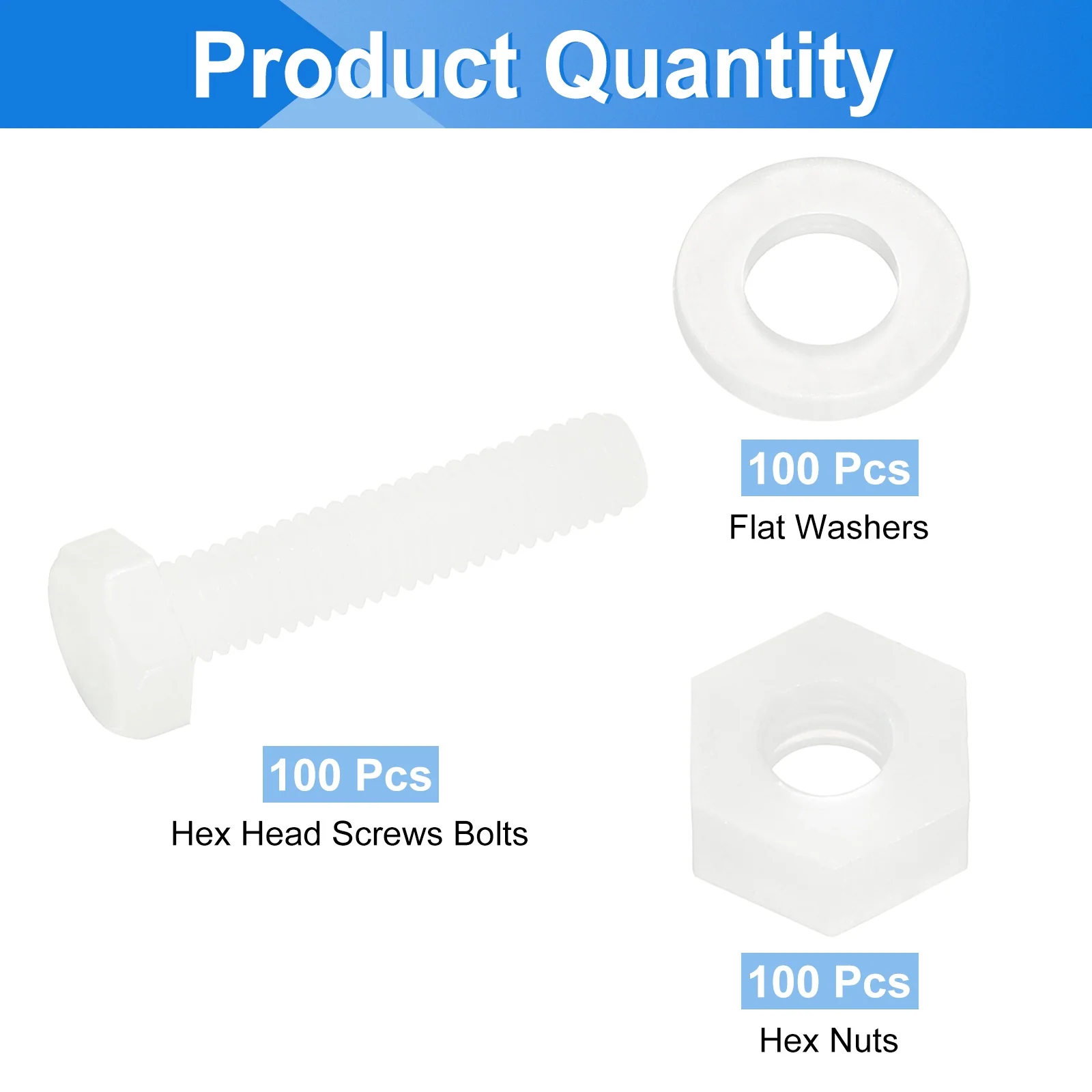 Uxcell 300 Pcs/100 Sets M4 x 20mm Nylon Hex Bolts and Nuts with Flat Washers, White - Image 3