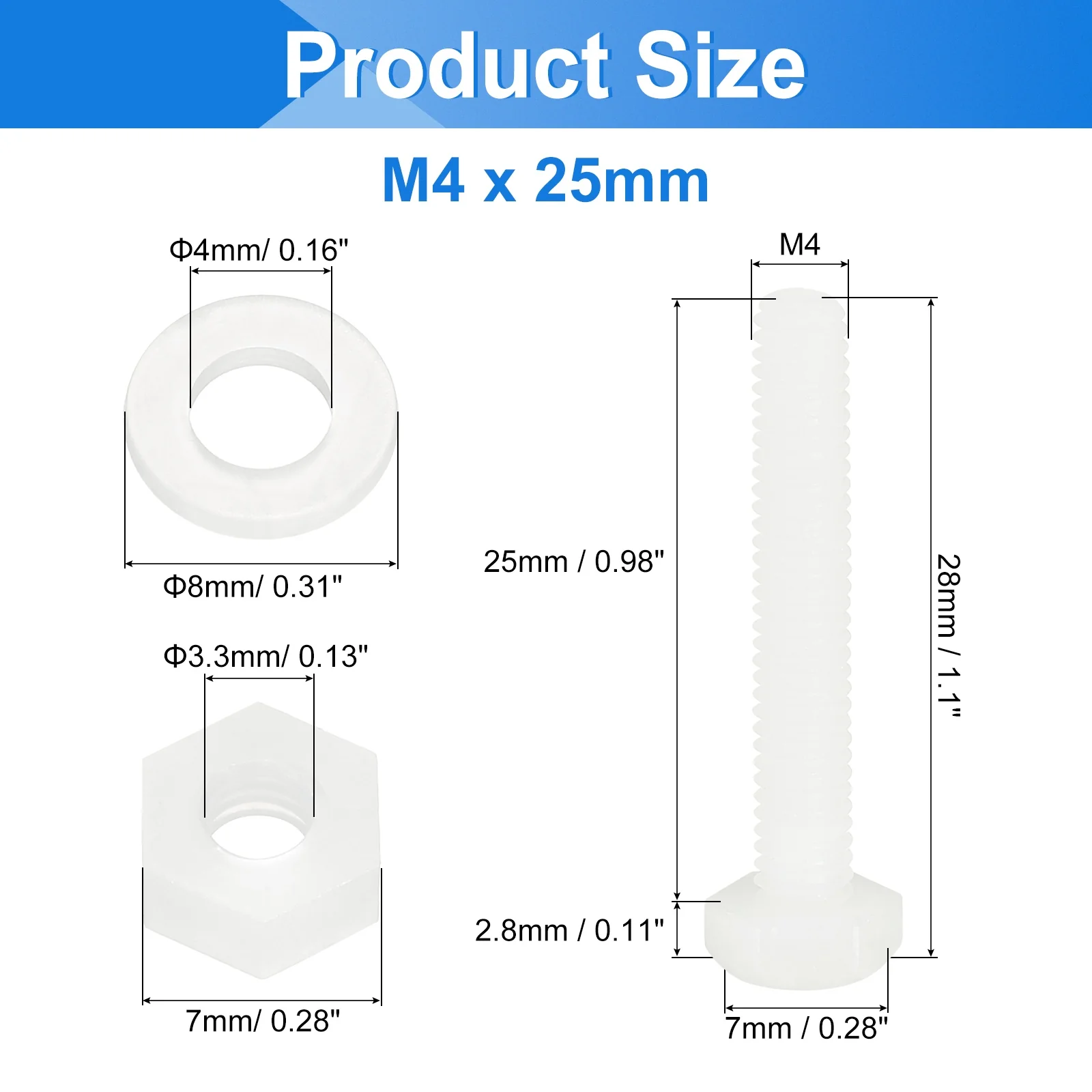 Uxcell 300 Pcs/100 Sets M4 x 25mm Nylon Hex Bolts and Nuts with Flat Washers, White - Image 2