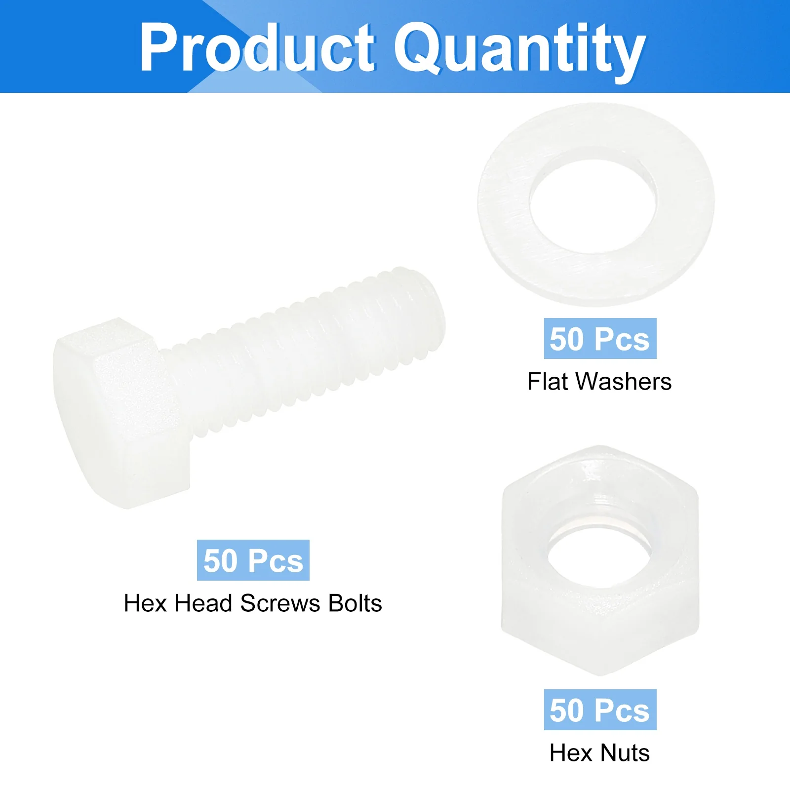 Uxcell 150 Pcs/50 Sets M5 x 15mm Nylon Hex Bolts and Nuts with Flat Washers, White - Image 3