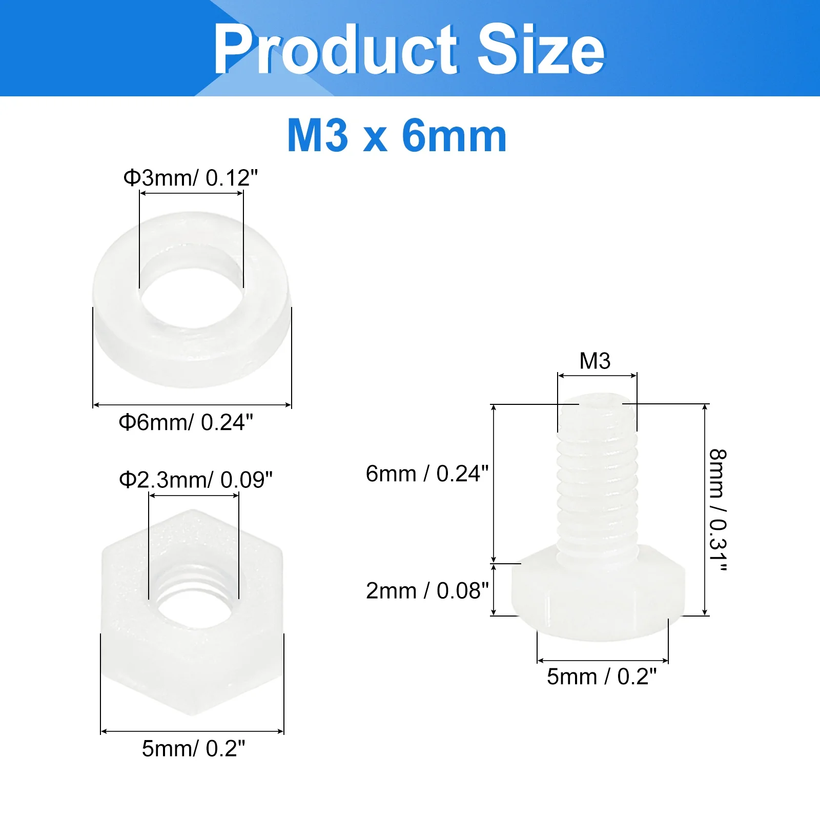 Uxcell 300 Pcs/100 Sets M3 x 6mm Nylon Hex Bolts and Nuts with Flat Washers, White - Image 2