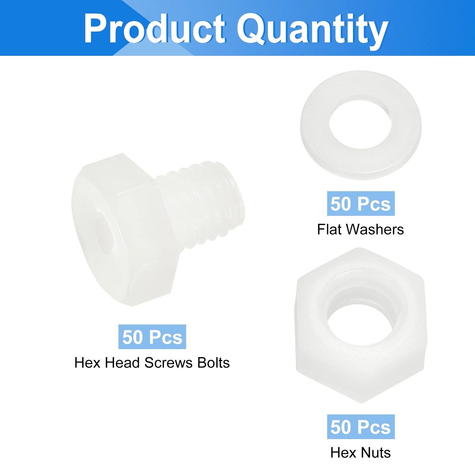 Uxcell 150 Pcs/50 Sets M8 x 10mm Nylon Hex Bolts and Nuts with Flat Washers, White - Image 3
