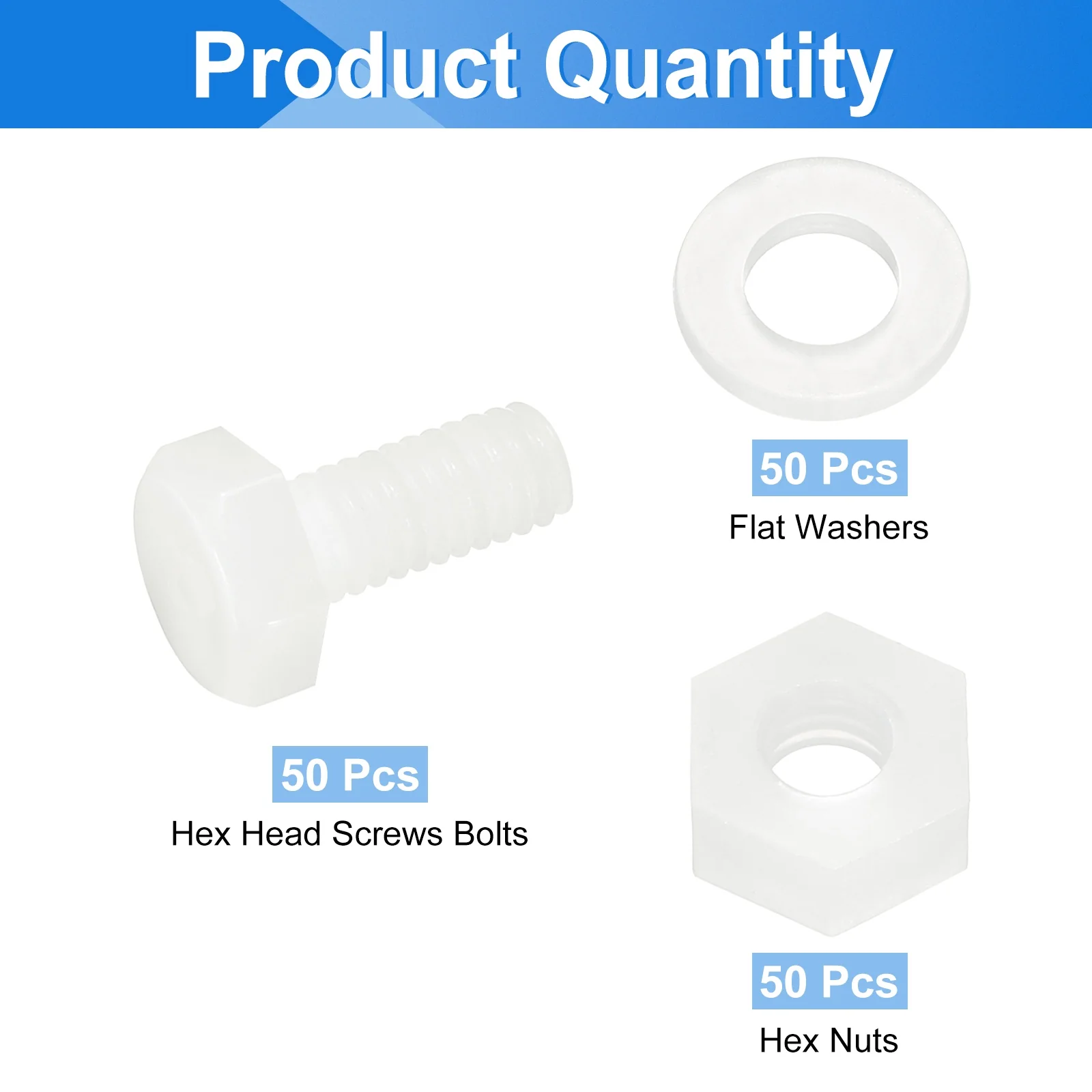 Uxcell 150 Pcs/50 Sets M4 x 10mm Nylon Hex Bolts and Nuts with Flat Washers, White - Image 3