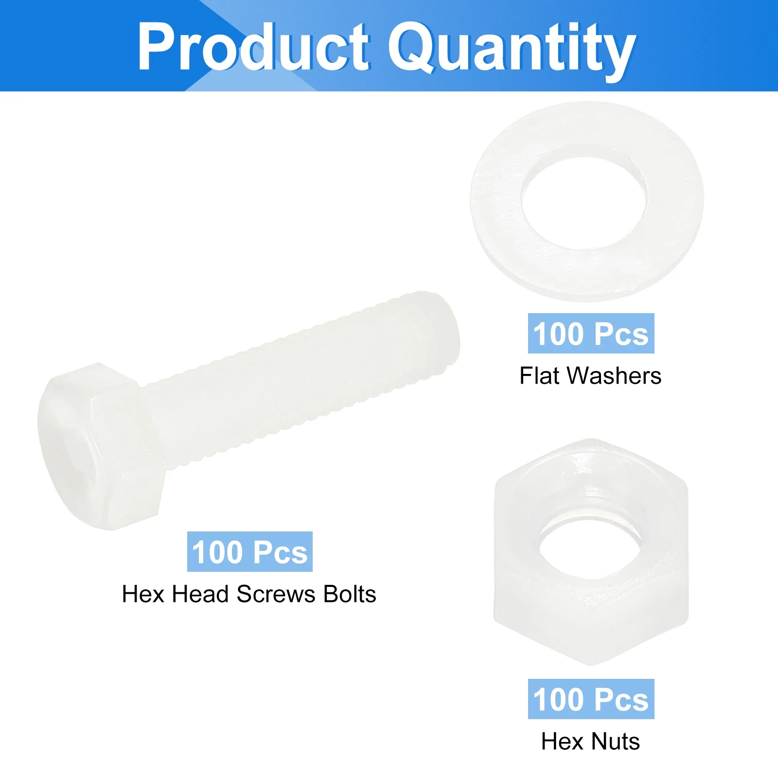 Uxcell 300 Pcs/100 Sets M5 x 20mm Nylon Hex Bolts and Nuts with Flat Washers, White - Image 3
