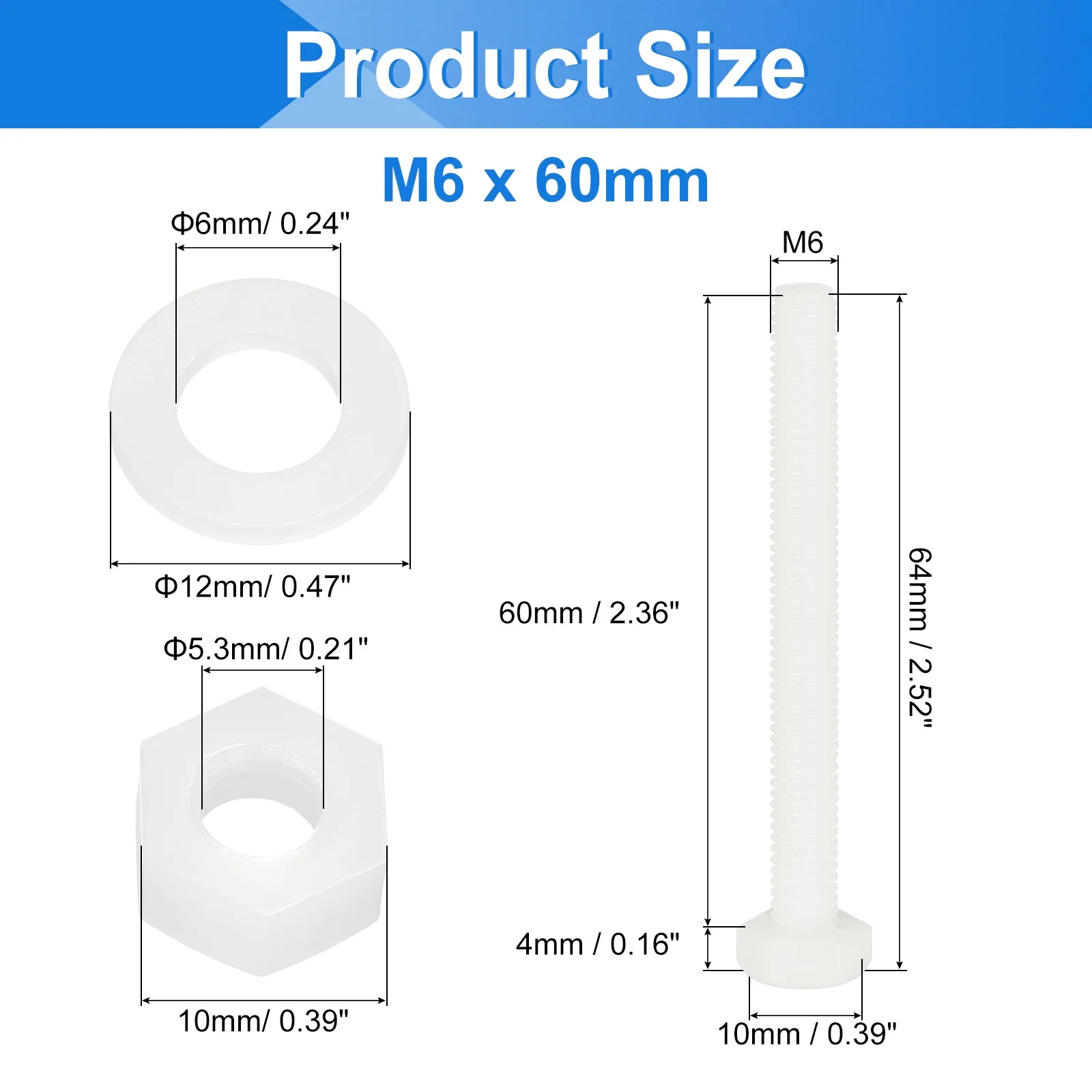 Uxcell 150 Pcs/50 Sets M6 x 60mm Nylon Hex Bolts and Nuts with Flat Washers, White - Image 2