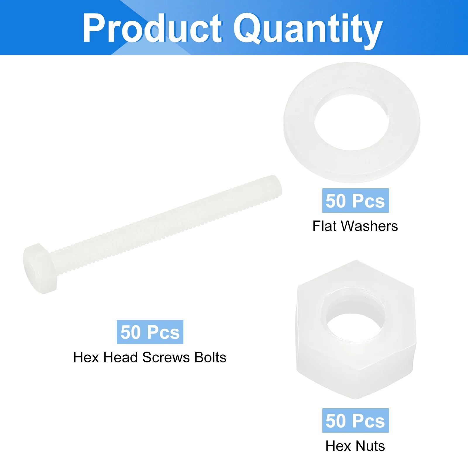 Uxcell 150 Pcs/50 Sets M6 x 60mm Nylon Hex Bolts and Nuts with Flat Washers, White - Image 3