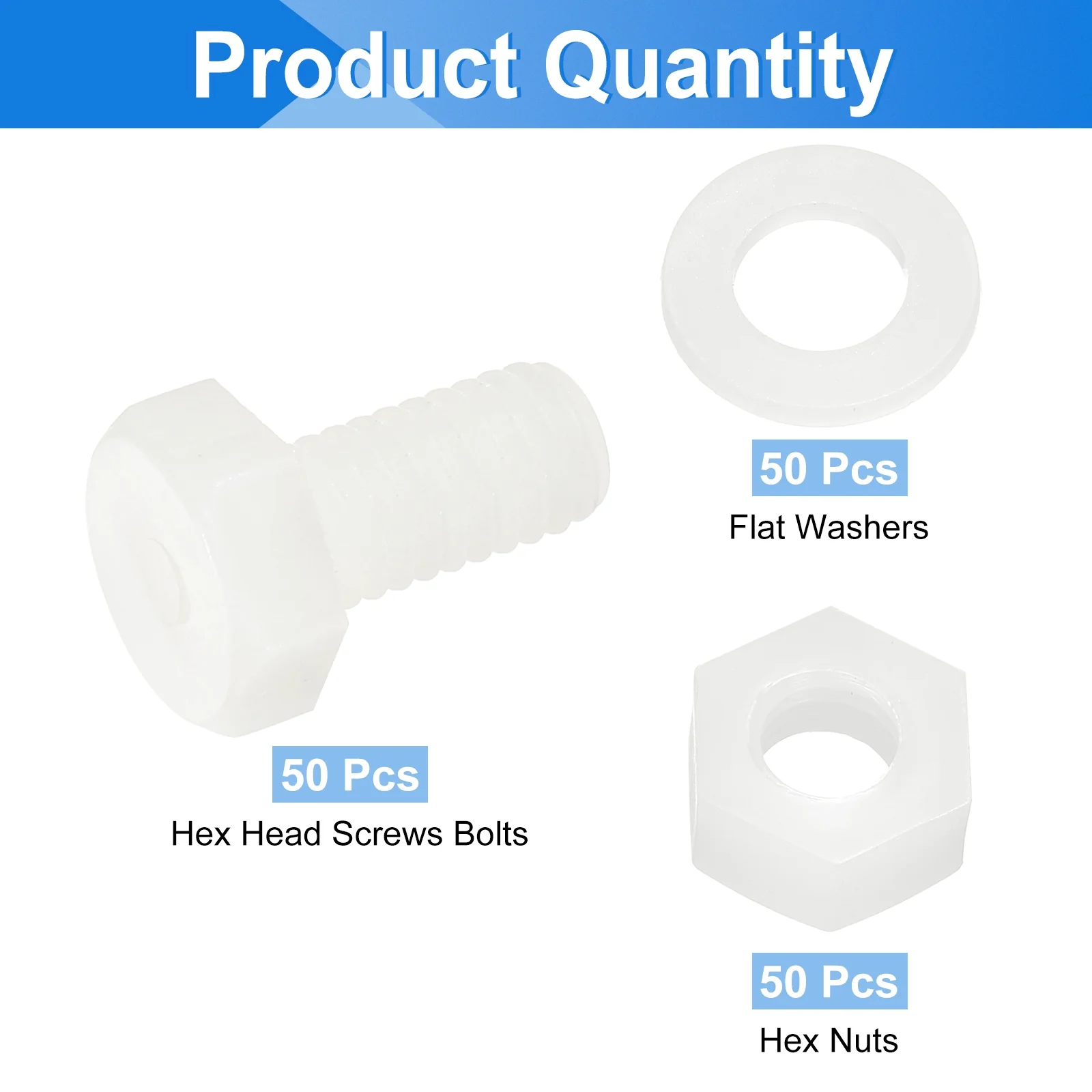 Uxcell 150 Pcs/50 Sets M6 x 12mm Nylon Hex Bolts and Nuts with Flat Washers, White - Image 3