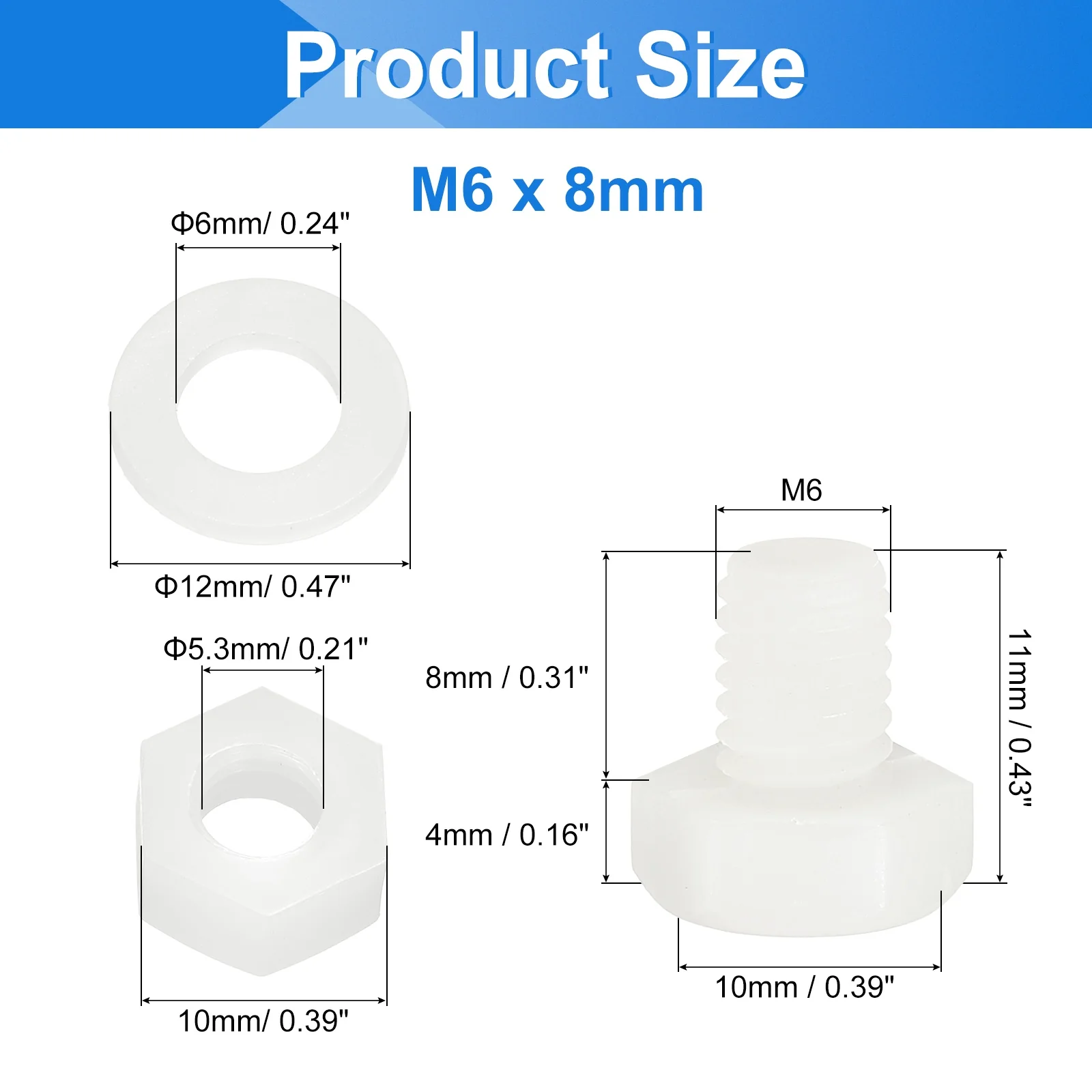 Uxcell 150 Pcs/50 Sets M6 x 8mm Nylon Hex Bolts and Nuts with Flat Washers, White - Image 2