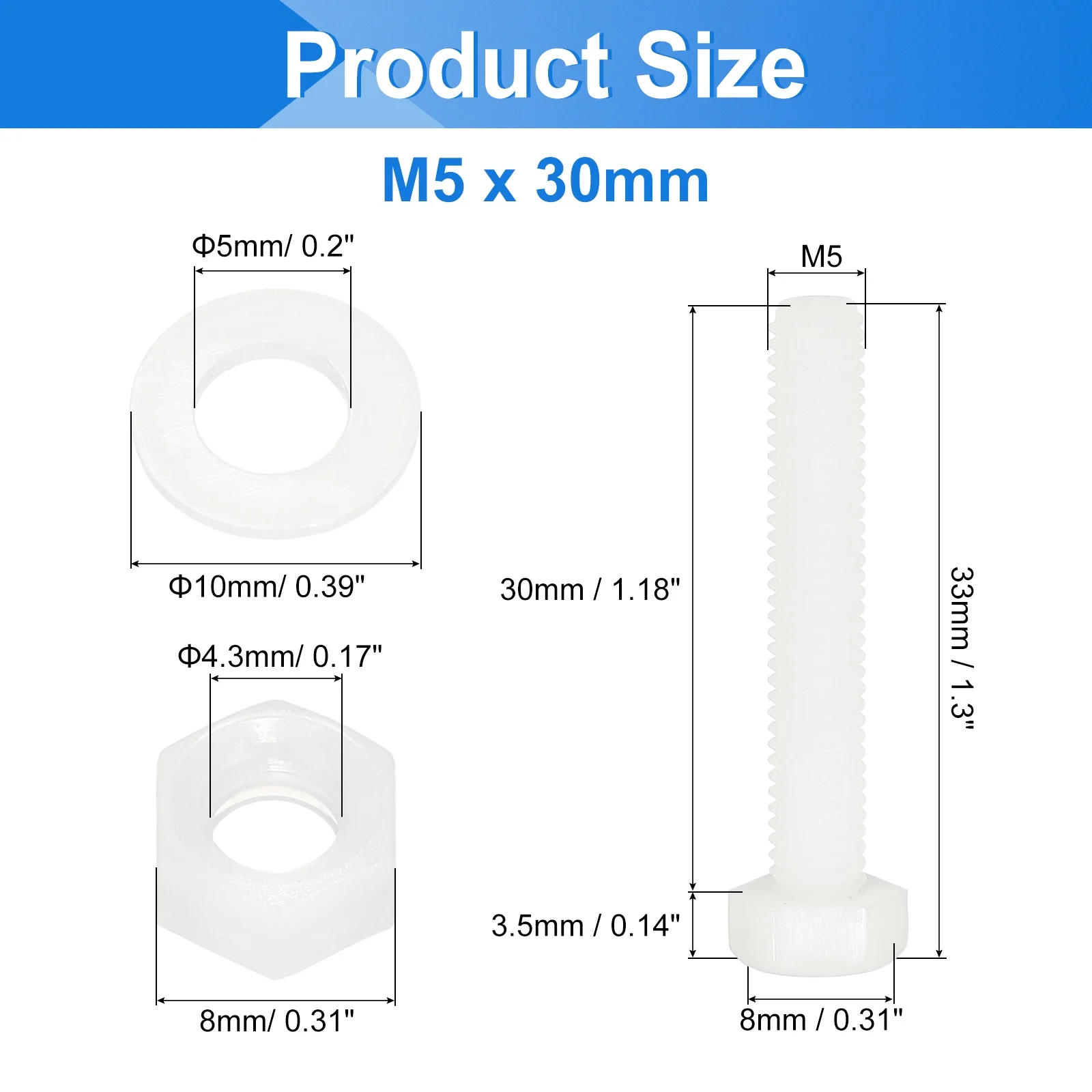 Uxcell 150 Pcs/50 Sets M5 x 30mm Nylon Hex Bolts and Nuts with Flat Washers, White - Image 2