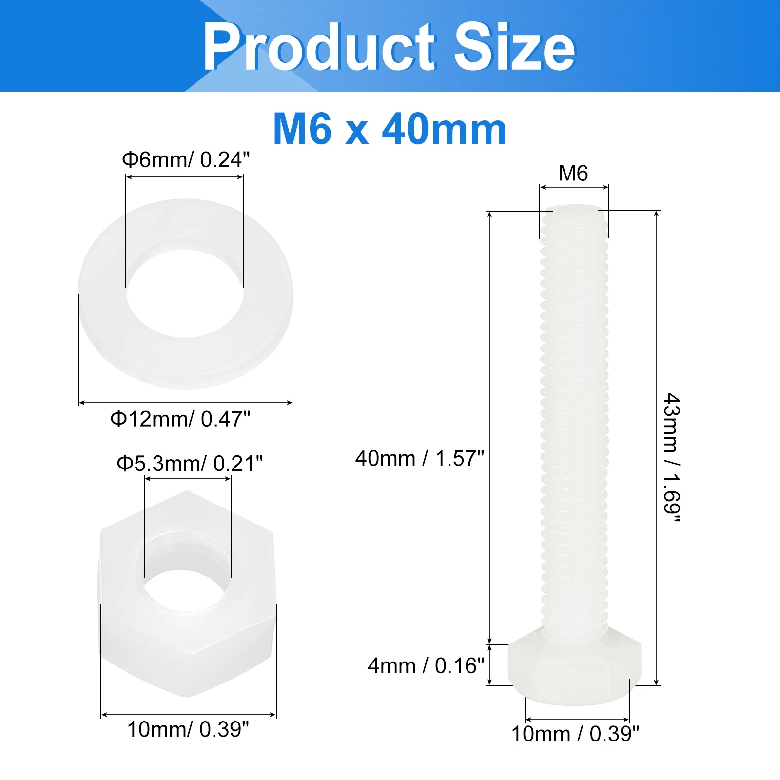 Uxcell 300 Pcs/100 Sets M6 x 40mm Nylon Hex Bolts and Nuts with Flat Washers, White - Image 2