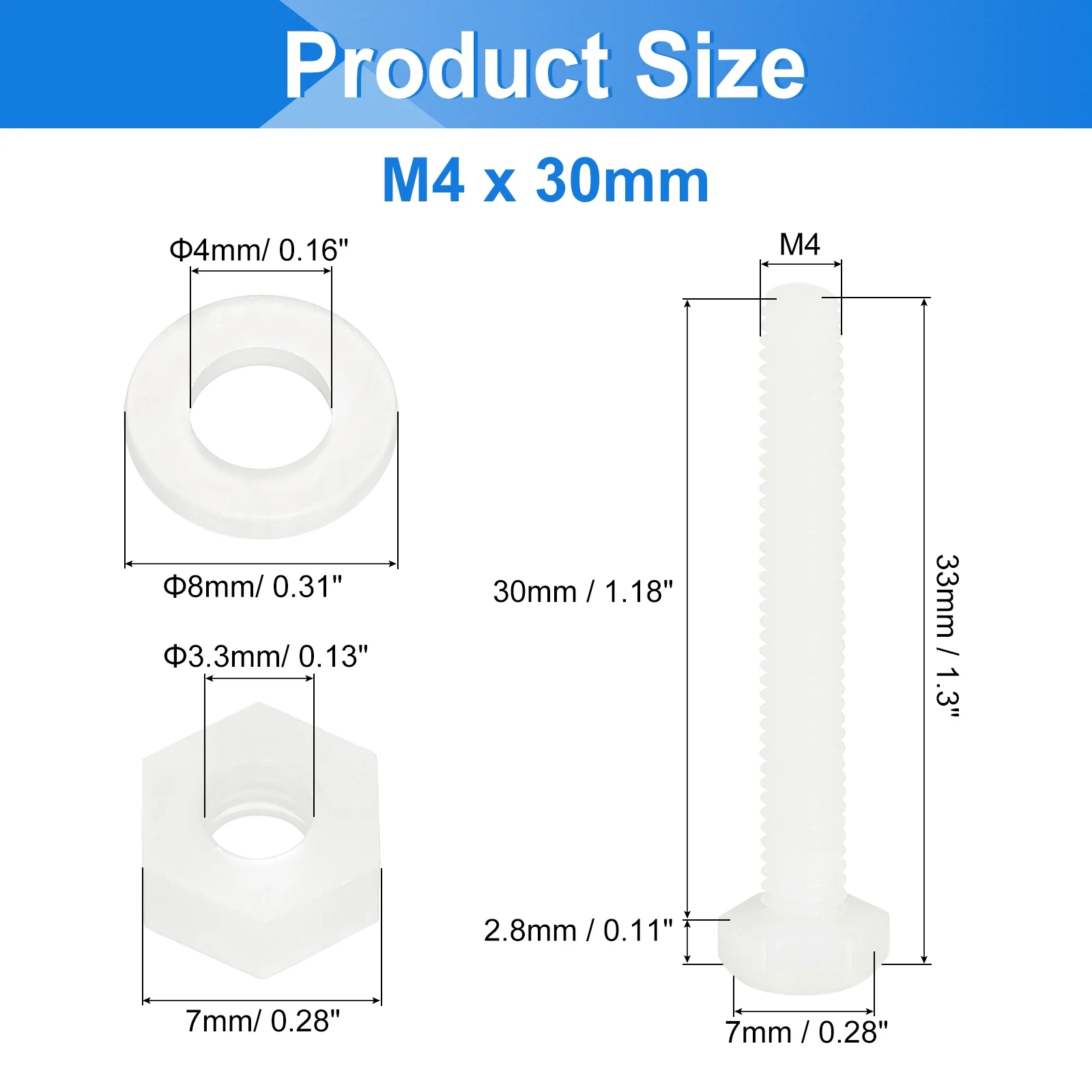Uxcell 150 Pcs/50 Sets M4 x 30mm Nylon Hex Bolts and Nuts with Flat Washers, White - Image 2