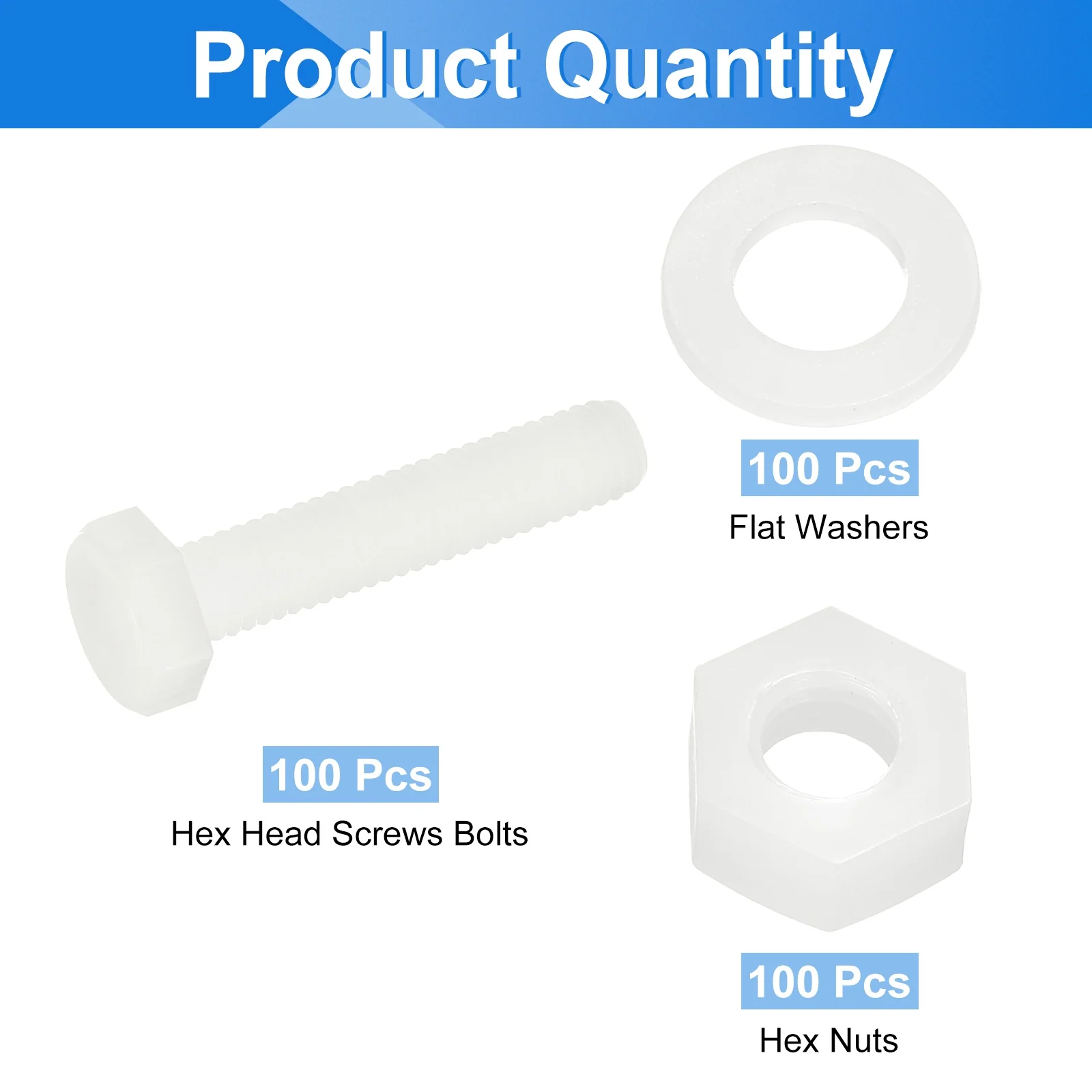 Uxcell 300 Pcs/100 Sets M6 x 30mm Nylon Hex Bolts and Nuts with Flat Washers, White - Image 3