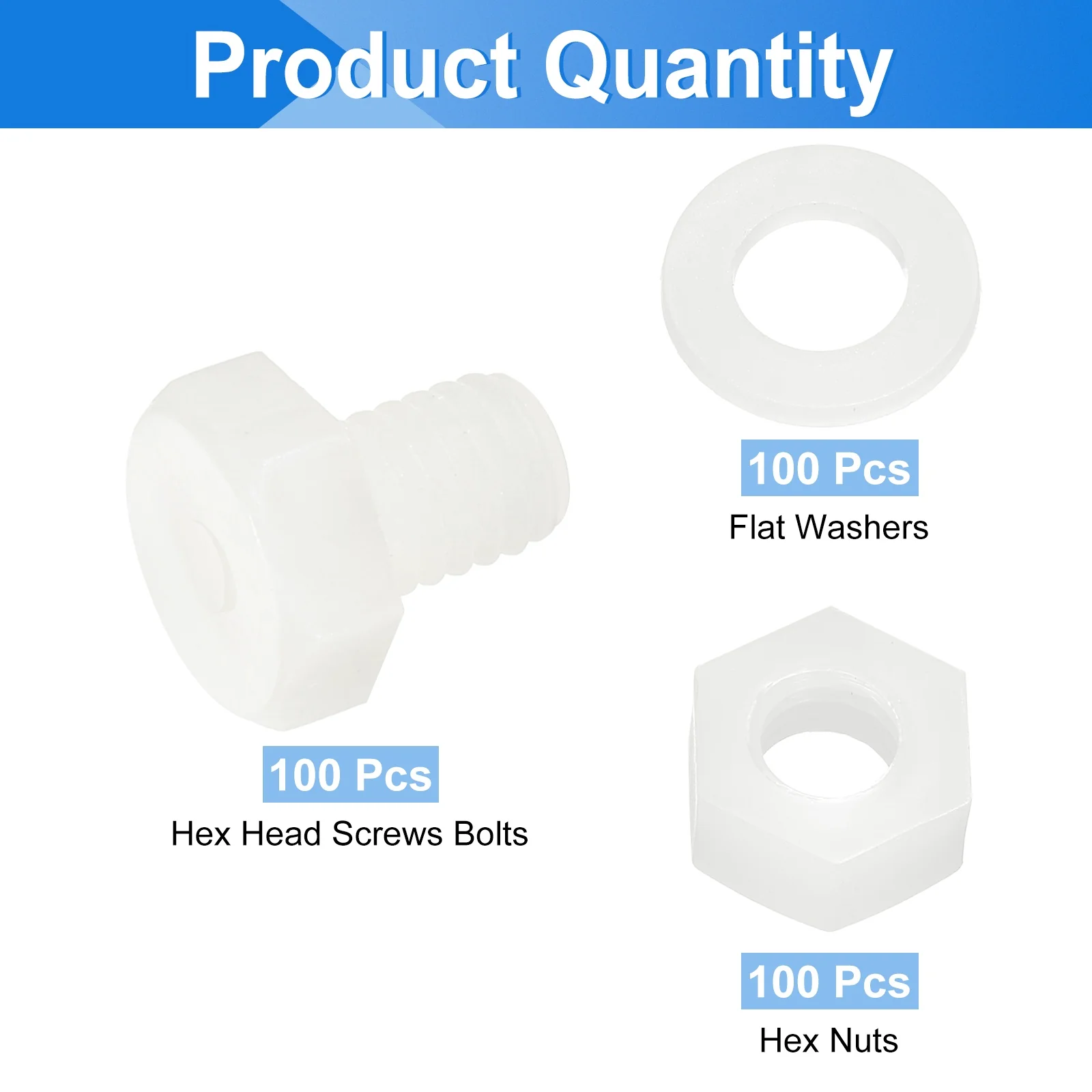 Uxcell 300 Pcs/100 Sets M6 x 8mm Nylon Hex Bolts and Nuts with Flat Washers, White - Image 3