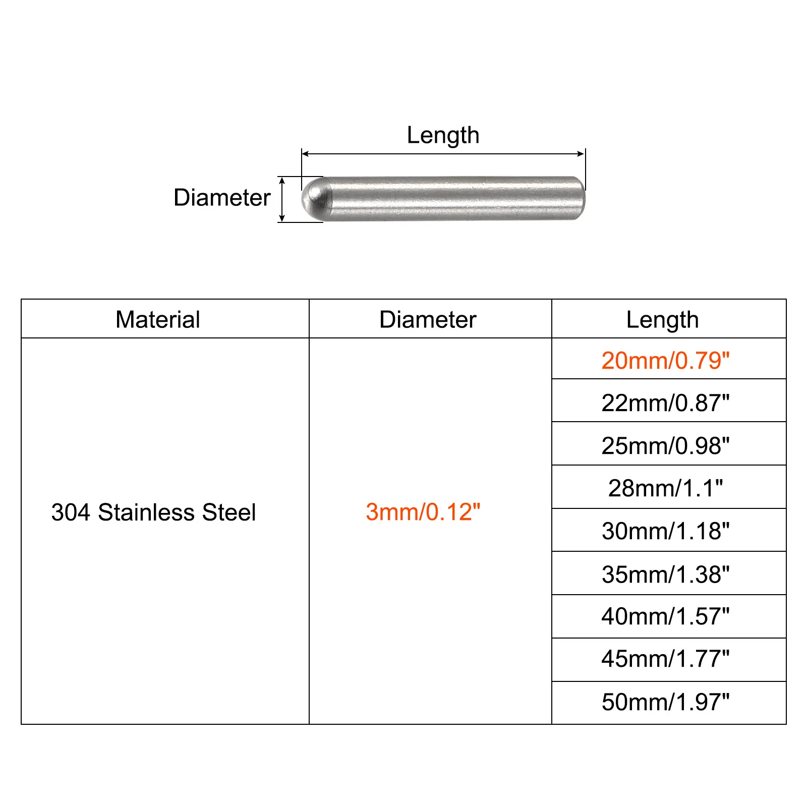 Uxcell 3x20mm Dowel Pins, 10pcs Round Head Flat Chamfered End Dowel Pin - Image 2