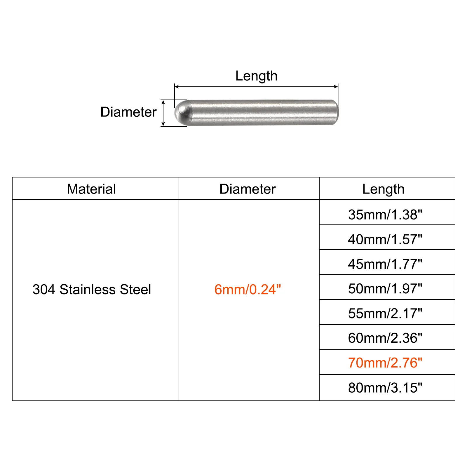 Uxcell 6x70mm Dowel Pins, 20pcs Round Head Flat Chamfered End Dowel Pin - Image 2