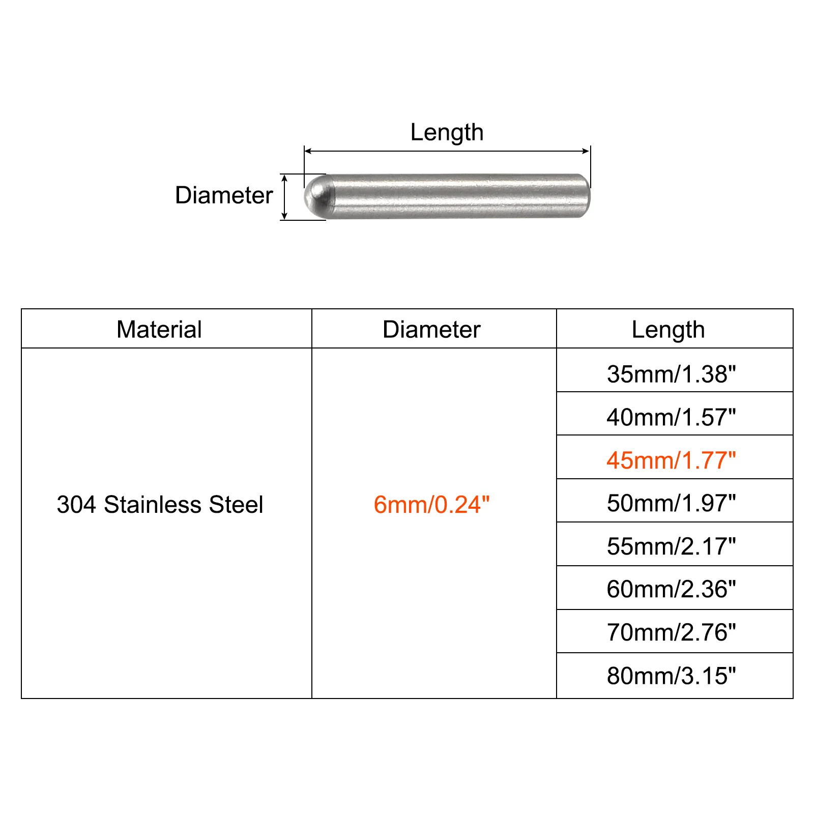 Uxcell 6x45mm Dowel Pins, 20pcs Round Head Flat Chamfered End Dowel Pin - Image 2