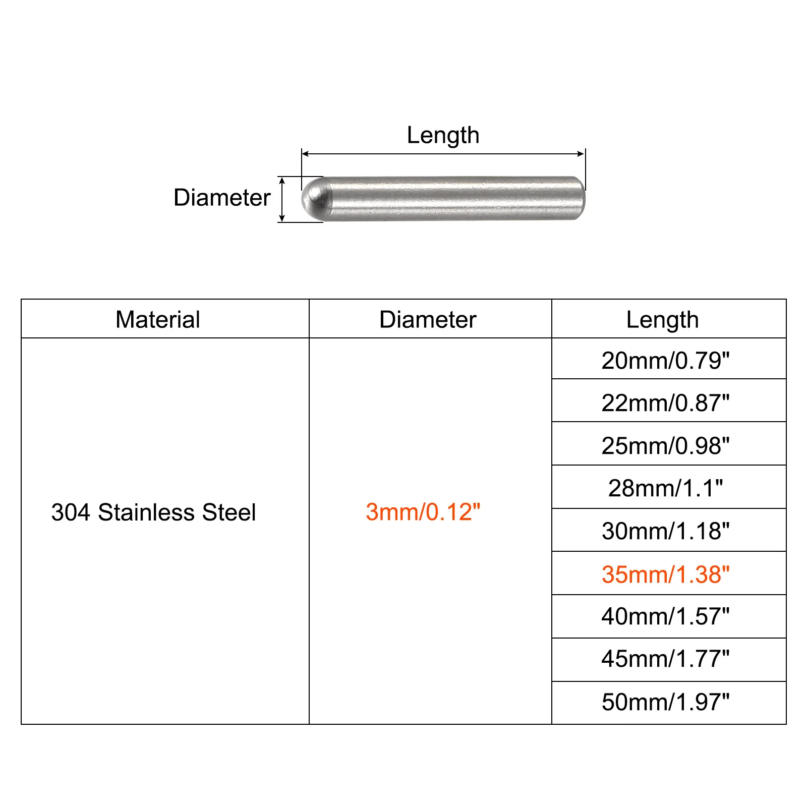 Uxcell 3x35mm Dowel Pins, 50pcs Round Head Flat Chamfered End Dowel Pin - Image 2