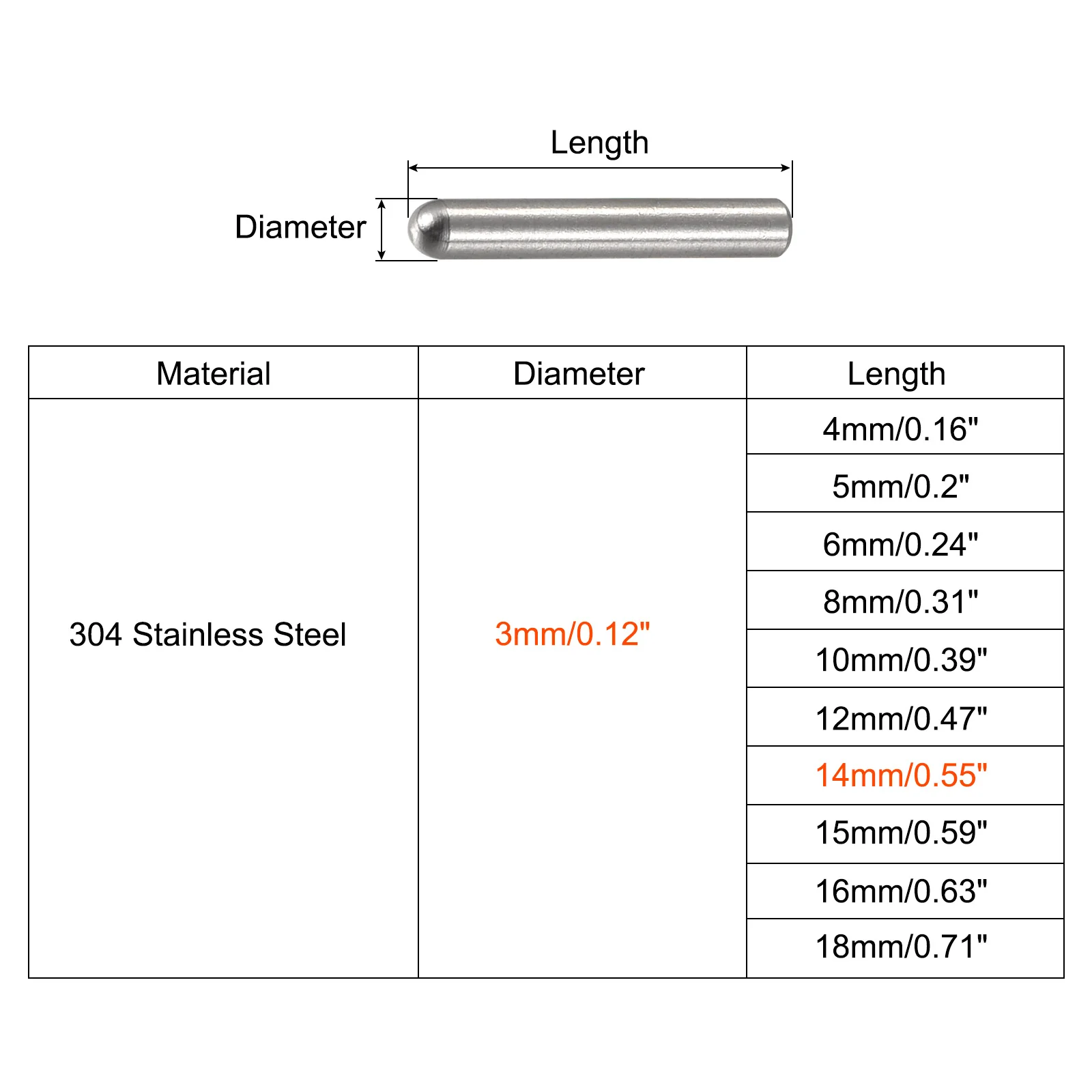 Uxcell 3x14mm Dowel Pins, 10pcs Round Head Flat Chamfered End Dowel Pin - Image 2