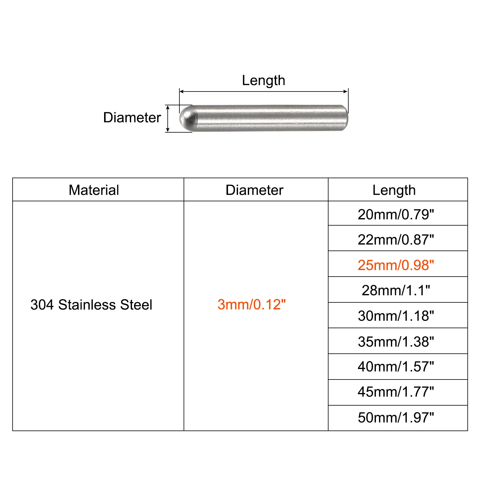 Uxcell 3x25mm Dowel Pins, 50pcs Round Head Flat Chamfered End Dowel Pin