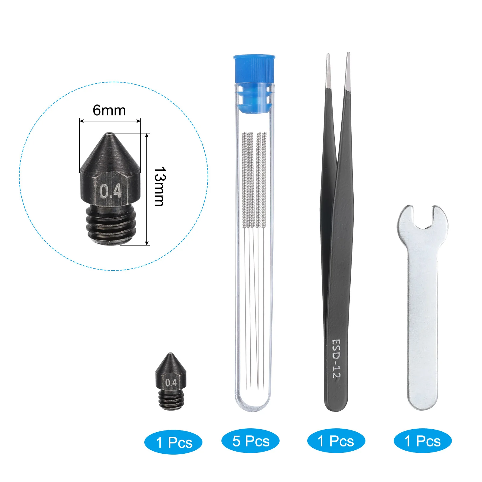 Uxcell 3D Nozzles Kit, MK8 Hardened Steel Arc Nozzles 0.4mm Cleaning Needles - Image 3