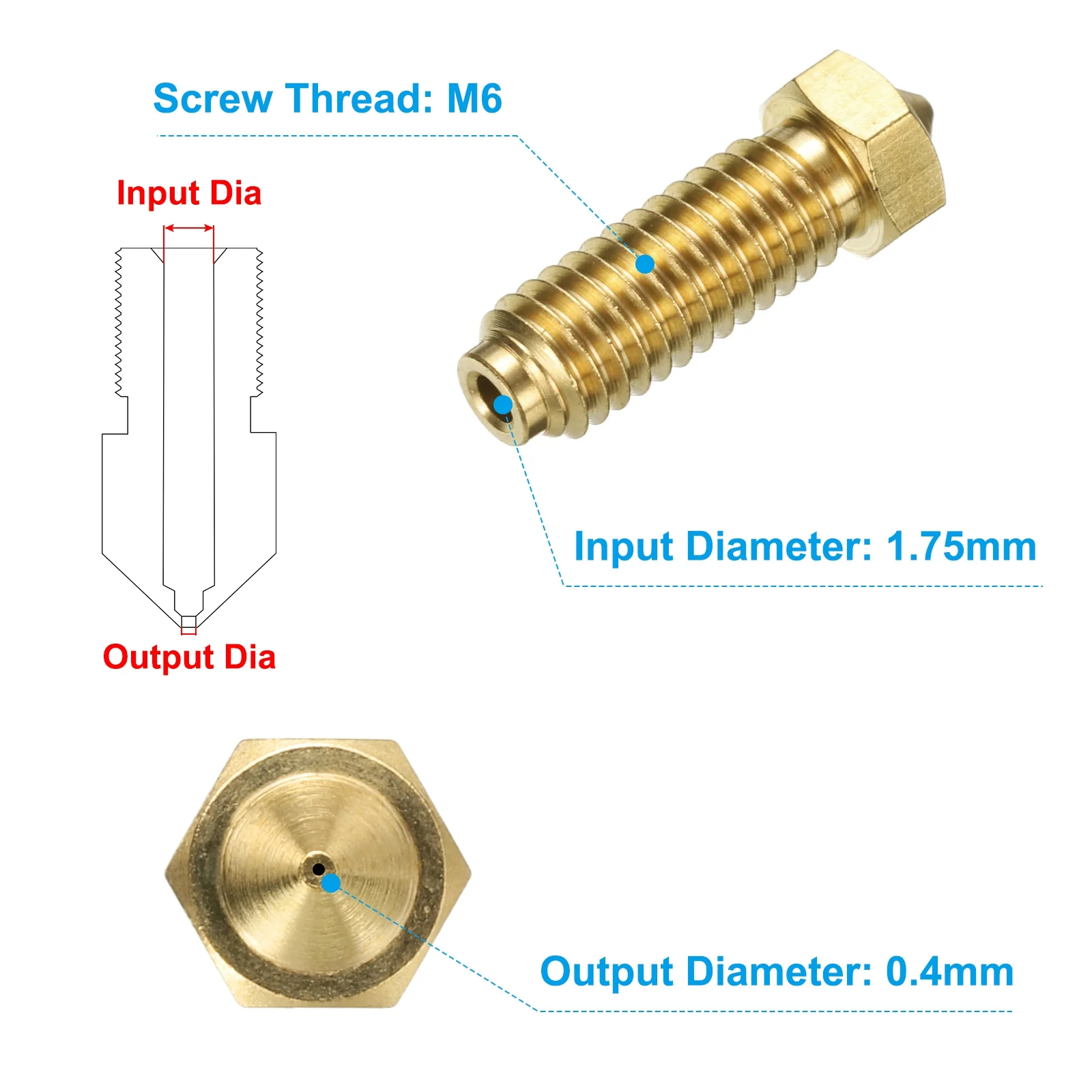 Uxcell 3D Nozzles Kit, 5pcs Brass High Speed Nozzles 0.4mm Nozzle Cleaning Needles - Image 2