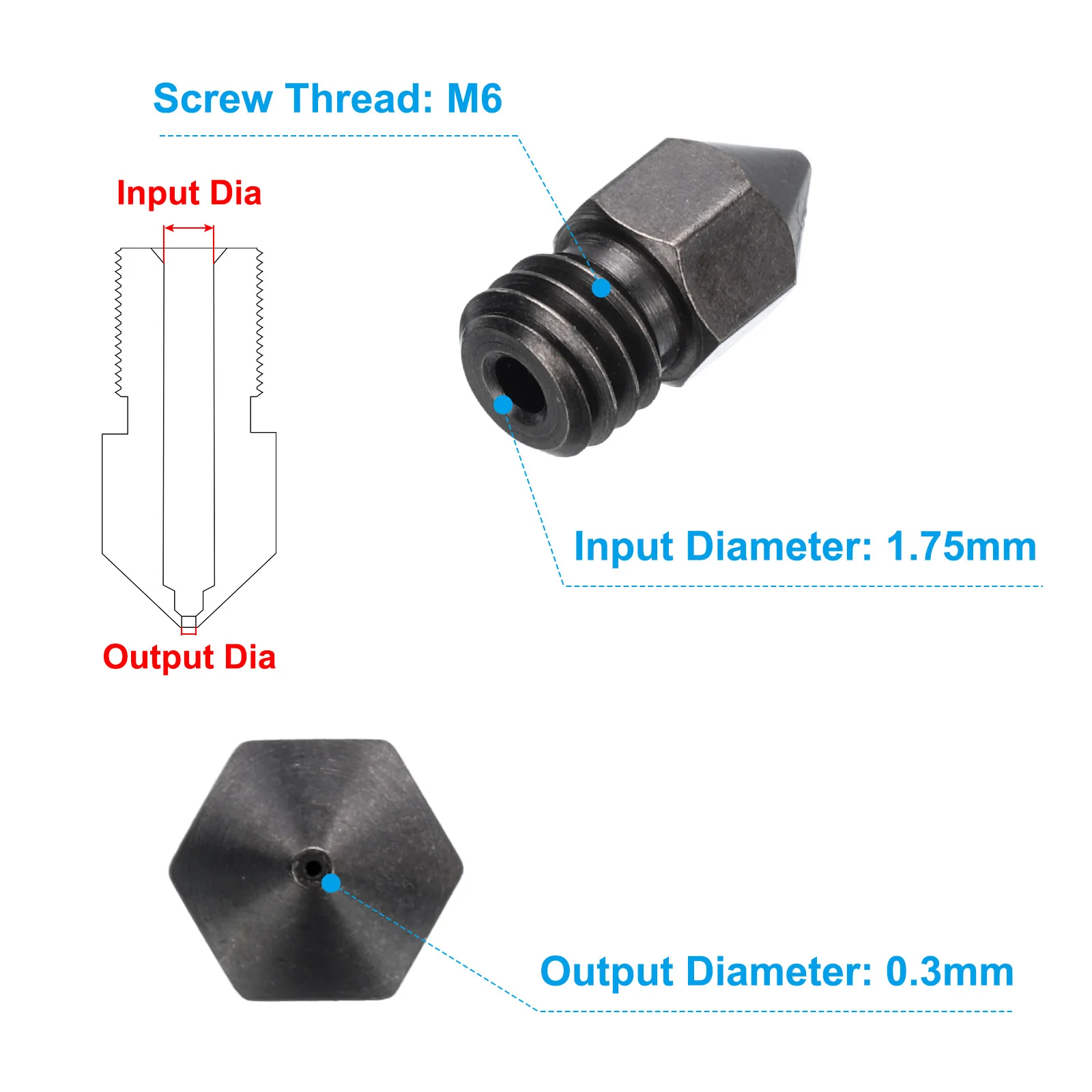 Uxcell 3D Nozzles Kit, MK8 Hardened Steel Hexagon Nozzles 0.3mm Cleaning Needles - Image 2