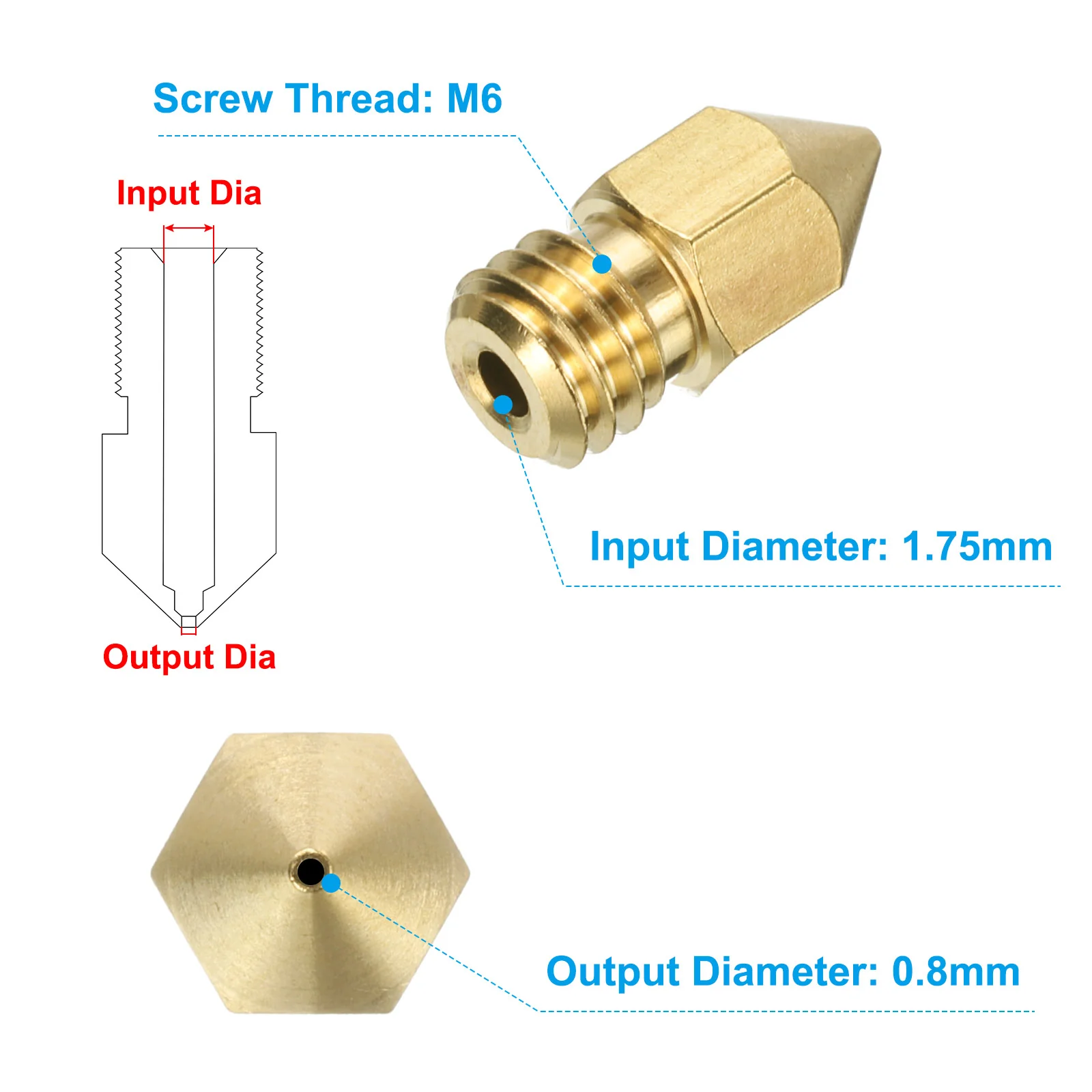 Uxcell 3D Nozzles Kit, 8pcs 3D Printer Brass Chiron/Vyper/Kobra Nozzles 0.8mm - Image 2