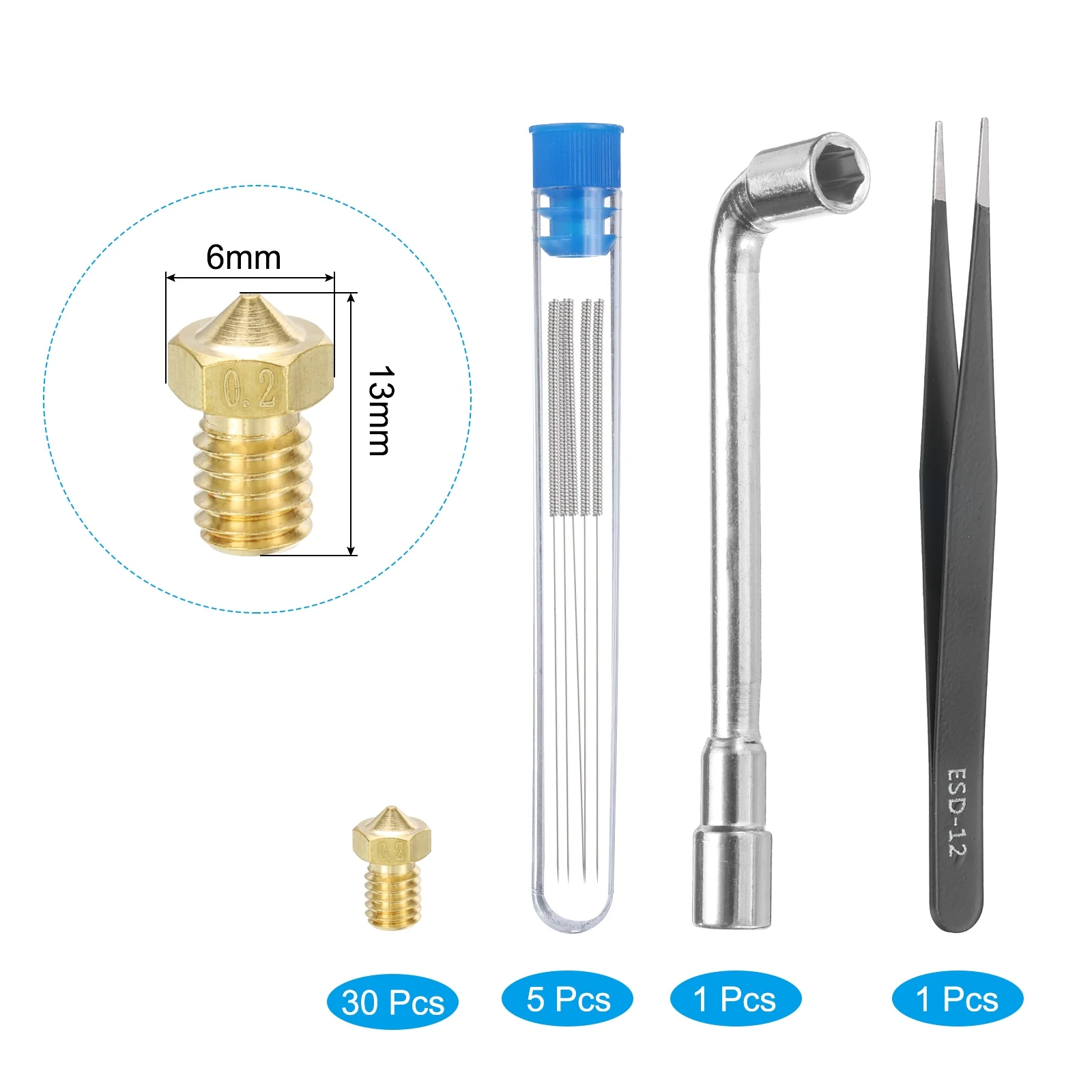 Uxcell 3D Nozzles Kit, 30pcs 3D Printer Brass Nozzles 0.2mm, 5pcs Cleaning Needles - Image 3