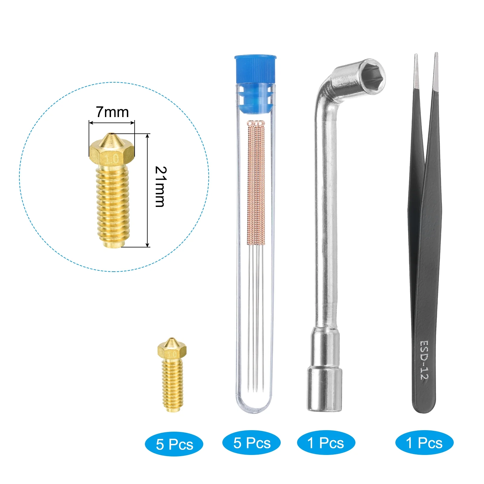 Uxcell 3D Nozzles Kit, 5pcs Brass High Speed Nozzles 1mm Nozzle Cleaning Needles - Image 3