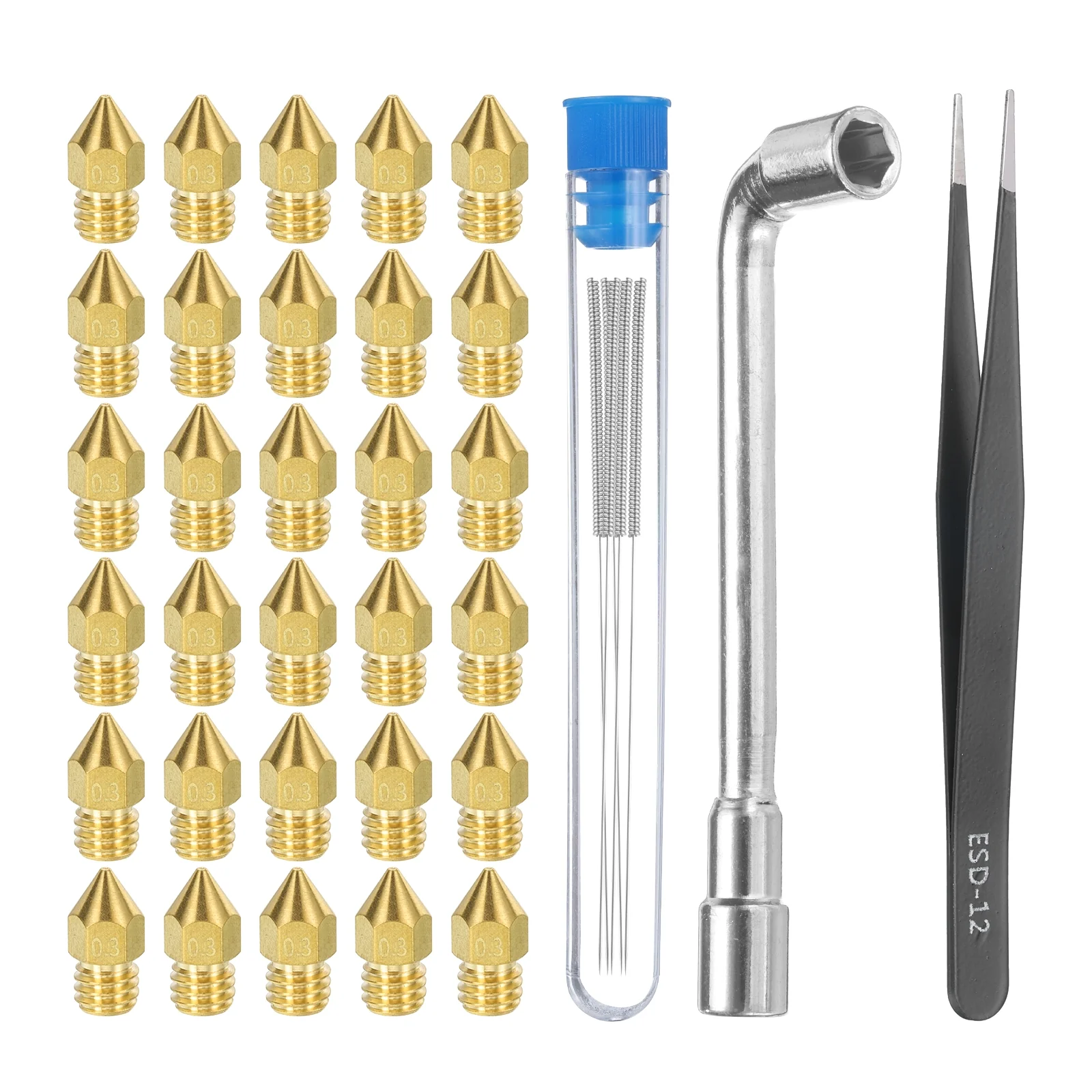 Uxcell 3D Nozzles Kit, 30pcs 3D Printer Brass Nozzles 0.3mm, 5pcs Cleaning Needles