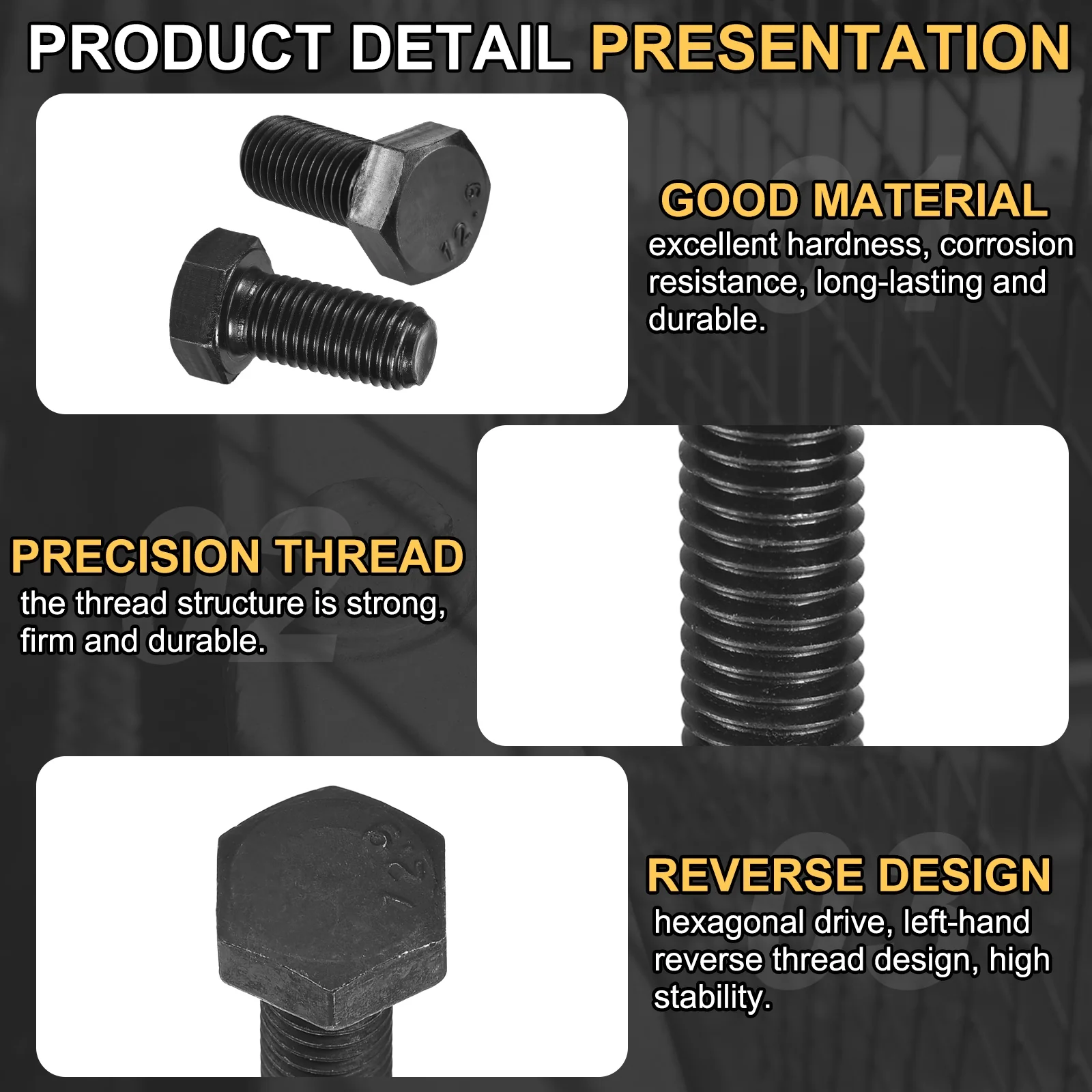 Uxcell 3Pcs M16-2 x 35mm Left Hand Hex Head Bolt, Black Oxide Carbon Steel Reverse - Image 3