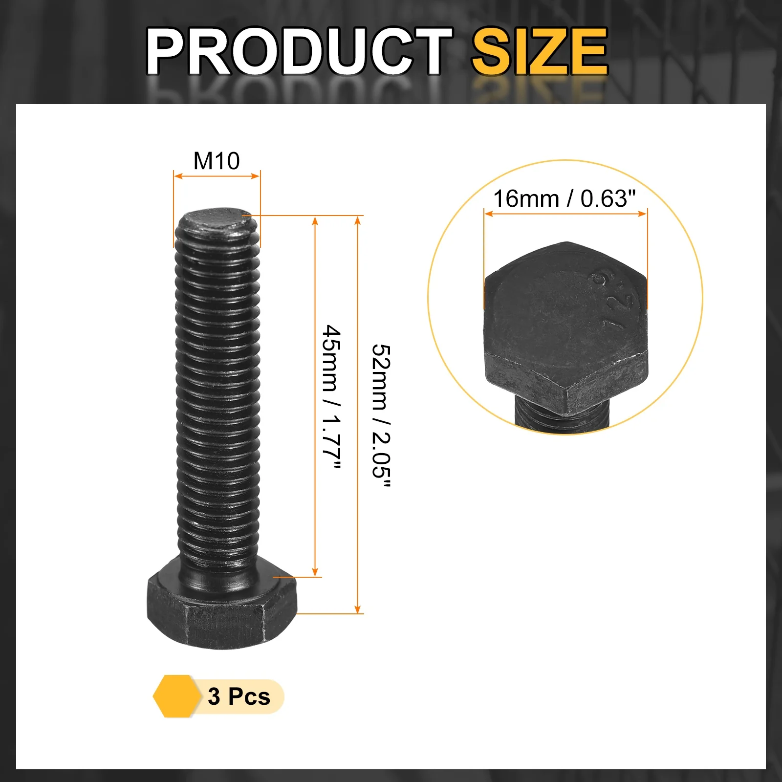 Uxcell 3Pcs M10-1.5 x 45mm Left Hand Hex Head Bolt, Black Oxide Carbon Steel Reverse - Image 2