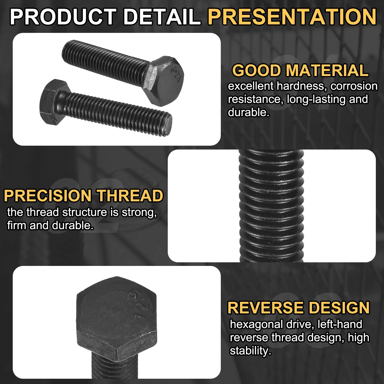 Uxcell 3Pcs M10-1.5 x 45mm Left Hand Hex Head Bolt, Black Oxide Carbon Steel Reverse - Image 3