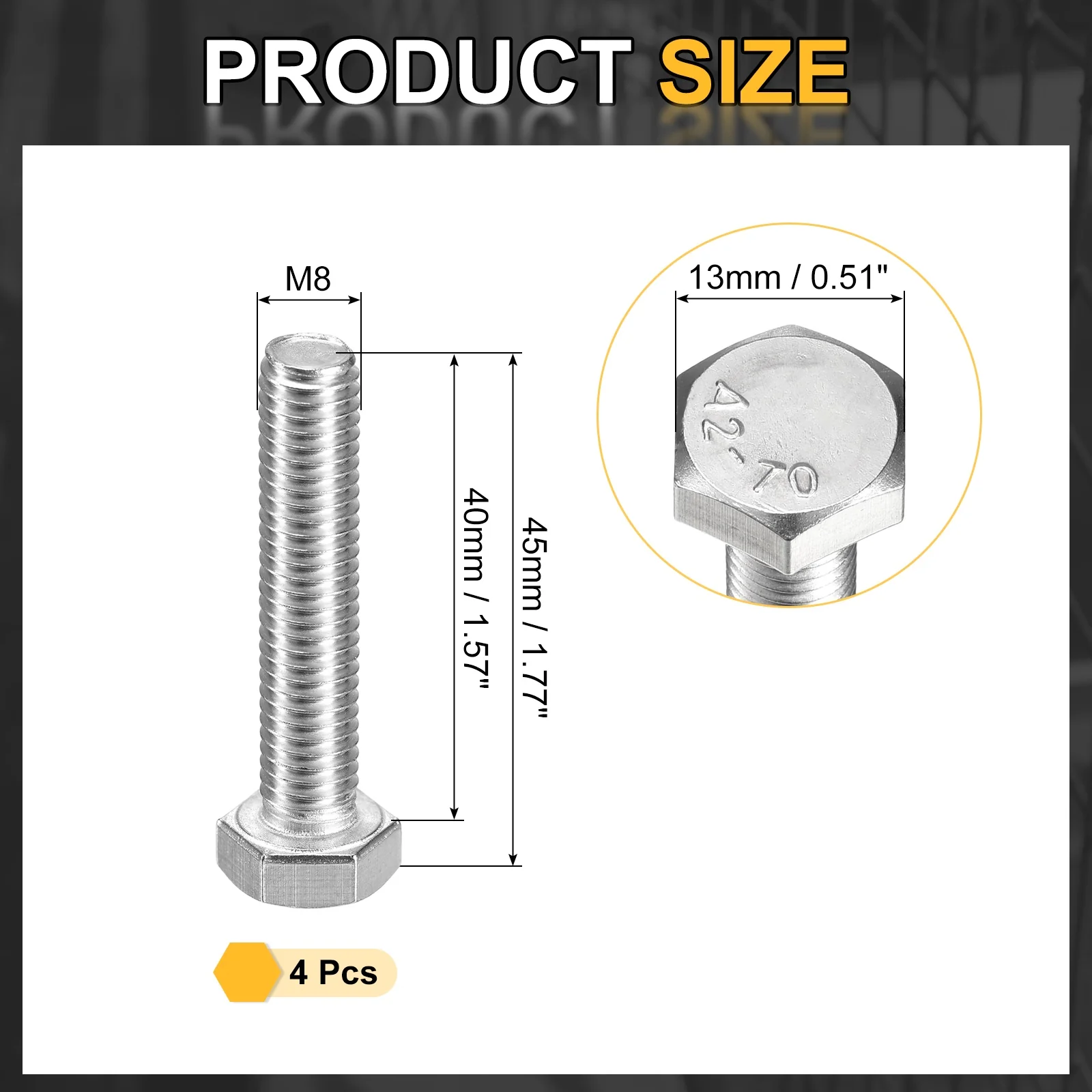 Uxcell 4Pcs M8-1.25 x 40mm Left Hand Hex Head Bolt, 304 Stainless Steel Reverse Fully Threaded Fastener Screws Bolts for Machinery, Automobiles and Construction - Image 2