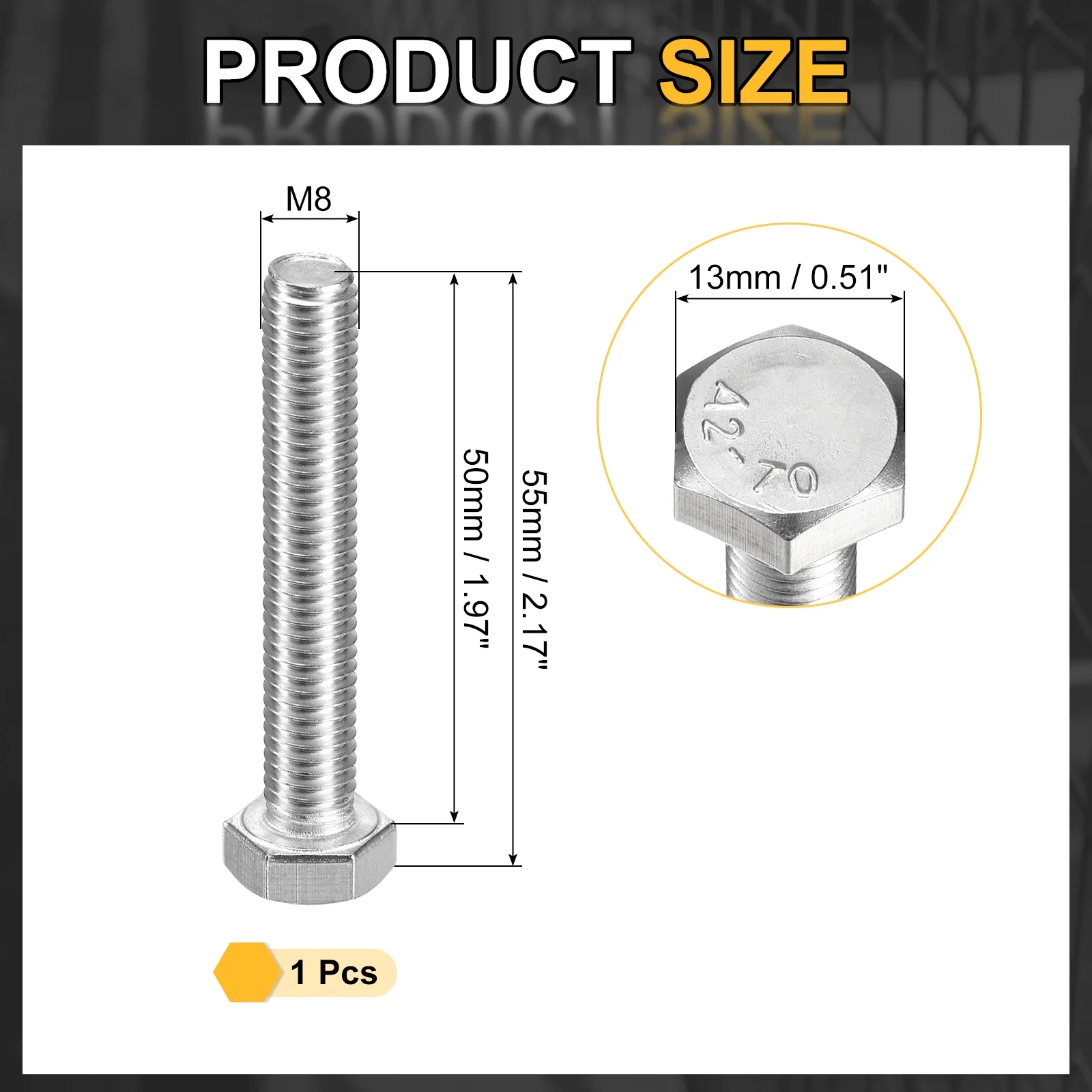 Uxcell M8-1.25 x 50mm Left Hand Hex Head Bolt, 304 Stainless Steel Reverse Fully Threaded Fastener Screws Bolts for Machinery, Automobiles and Construction - Image 2