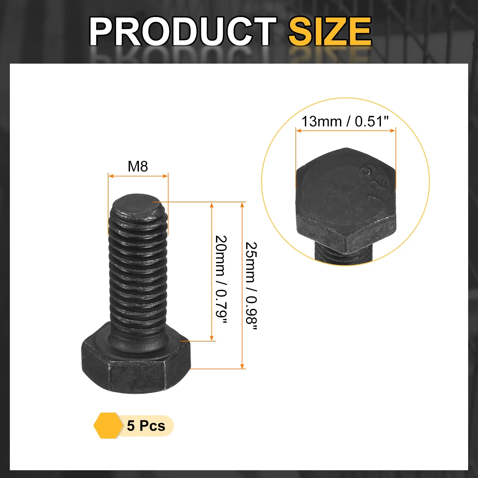 Uxcell 5Pcs M8-1.25 x 20mm Left Hand Hex Head Bolt, Black Oxide Carbon Steel Reverse - Image 2