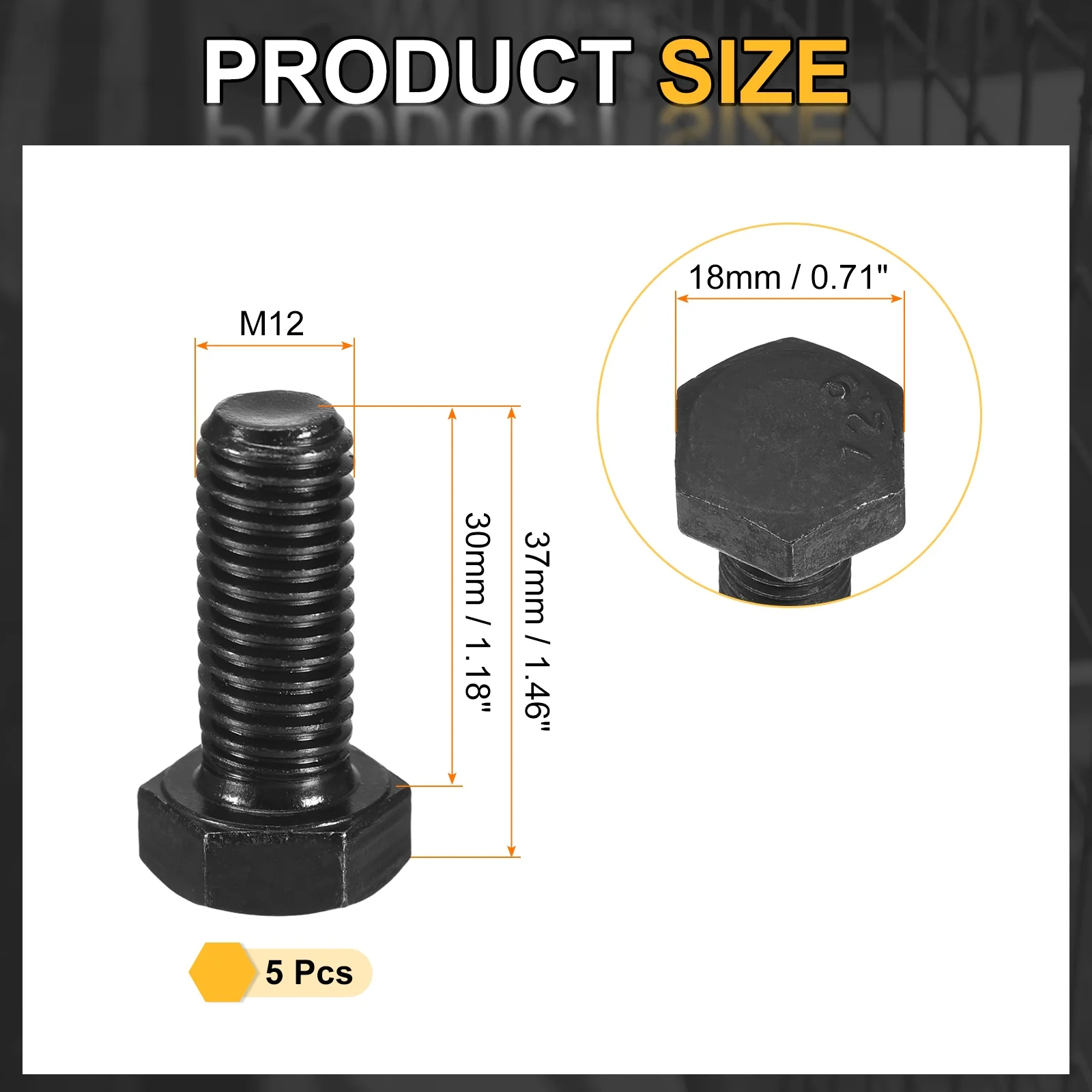 Uxcell 5Pcs M12-1.75 x 30mm Left Hand Hex Head Bolt, Black Oxide Carbon Steel Reverse - Image 2