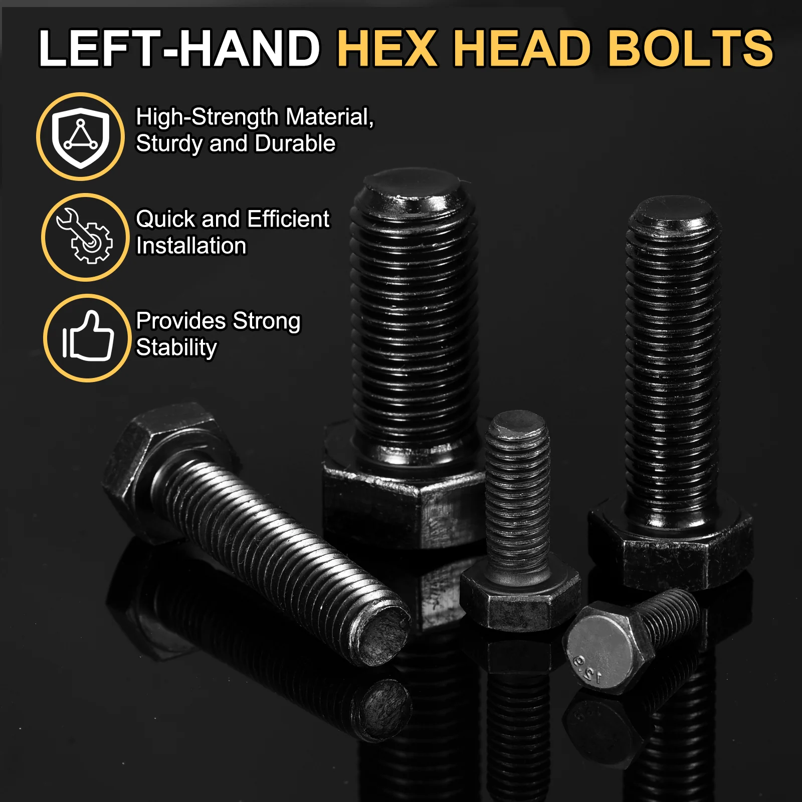 Uxcell 2Pcs M8-1.25 x 50mm Left Hand Hex Head Bolt, Black Oxide Carbon Steel Reverse - Image 4