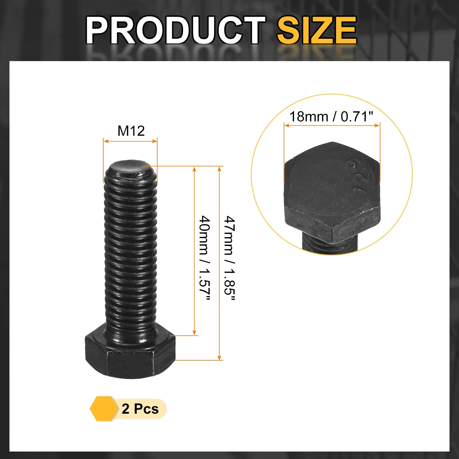 Uxcell 2Pcs M12-1.75 x 40mm Left Hand Hex Head Bolt, Black Oxide Carbon Steel Reverse - Image 2