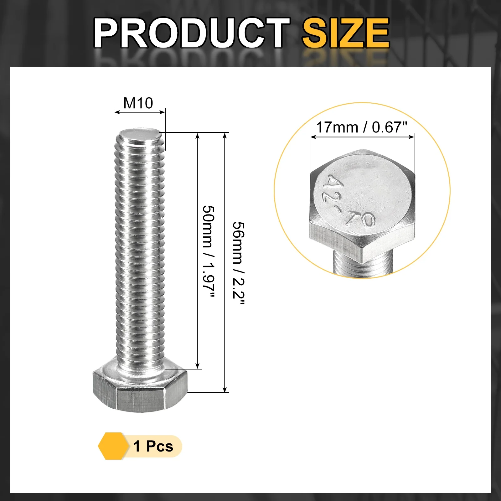 Uxcell M10-1.5 x 50mm Left Hand Hex Head Bolt, 304 Stainless Steel Reverse Fully Threaded Fastener Screws Bolts for Machinery, Automobiles and Construction - Image 2