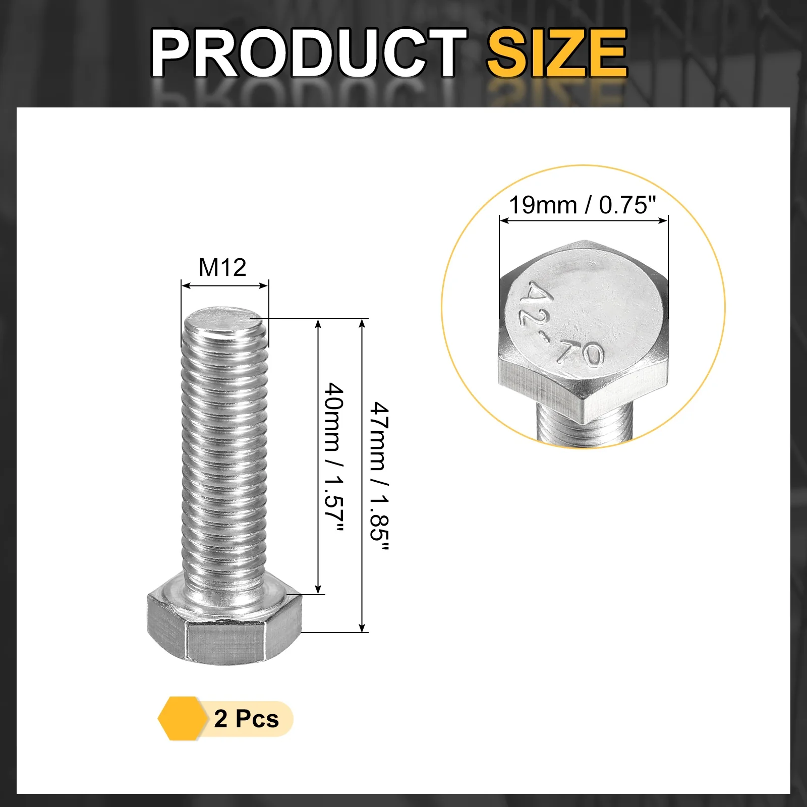 Uxcell 2Pcs M12-1.75 x 40mm Left Hand Hex Head Bolt, 304 Stainless Steel Reverse Fully Threaded Fastener Screws Bolts for Machinery, Automobiles and Construction - Image 2
