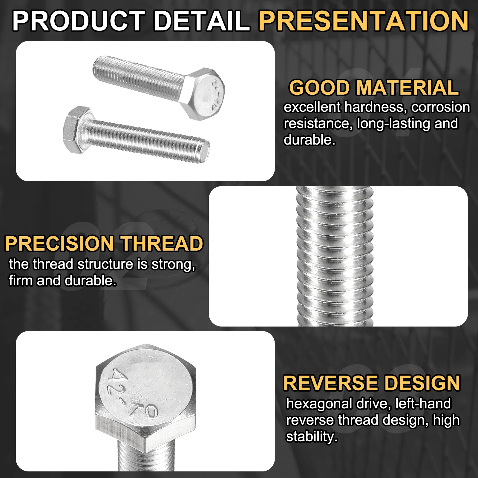 Uxcell 2Pcs M8-1.25 x 40mm Left Hand Hex Head Bolt, 304 Stainless Steel Reverse Fully Threaded Fastener Screws Bolts for Machinery, Automobiles and Construction - Image 3